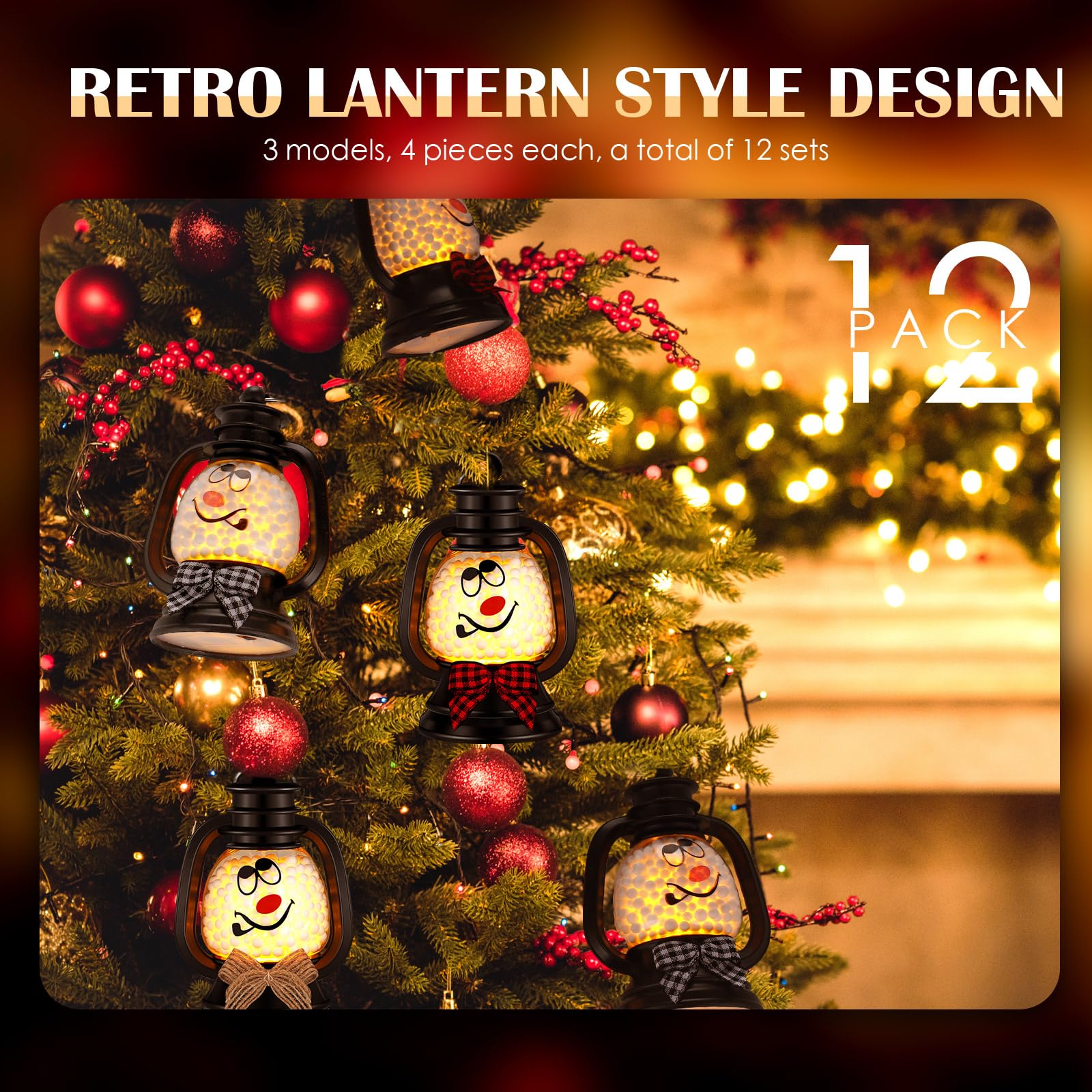 ROCEEI 12 Pcs Christmas Mini Snowman Lanterns Decorative with Flickering LED Candles Buffalo Plaid Bow Small Winter Portable Tab