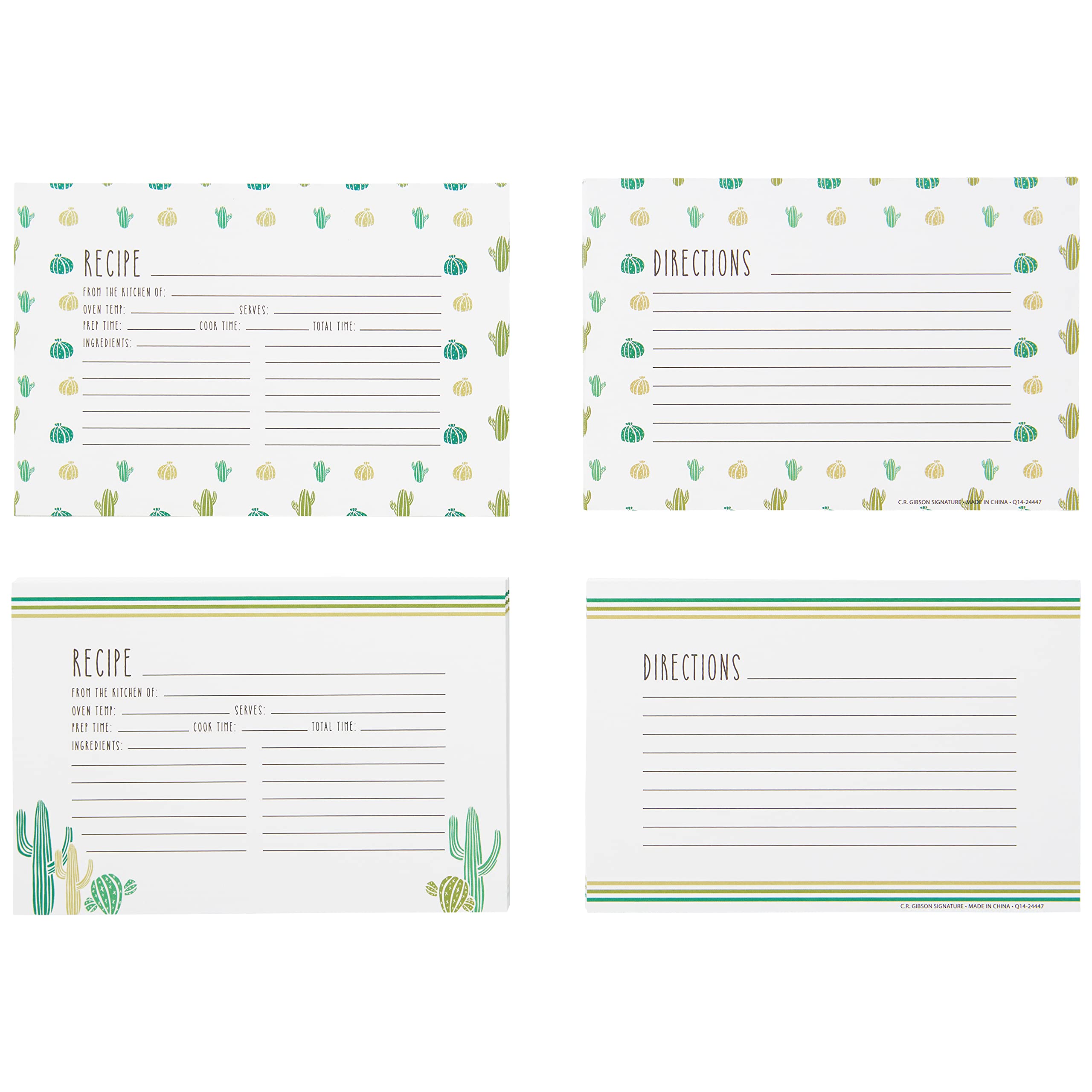 C.R. Gibson Cacti Double Sided Recipe Card Set, 4'' W X 6'' L, Multicolor