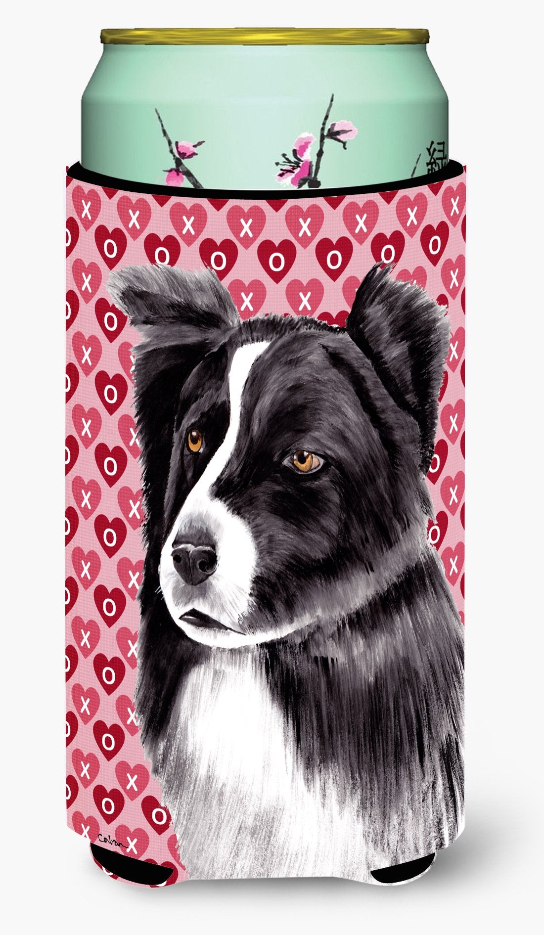 Border Collie Hearts Love and Valentine's Day Portrait  Tall Boy Beverage Insulator Beverage Insulator Hugger