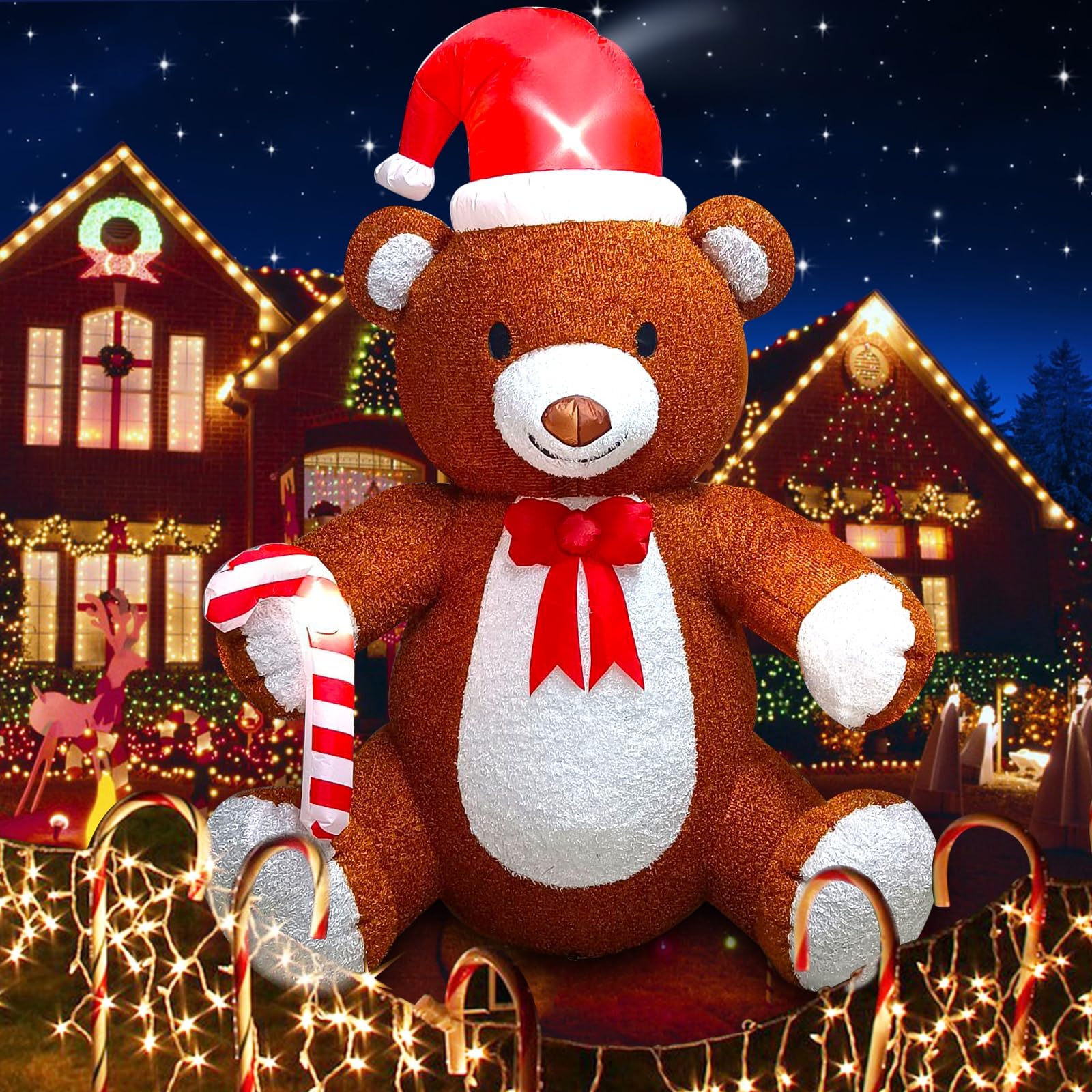 Kalolary Fluffy Bear Inflatable with LED Light, Christmas Blow Up Indoor Decoration, Xmas Teddy Yard Inflatable for Holiday Fami