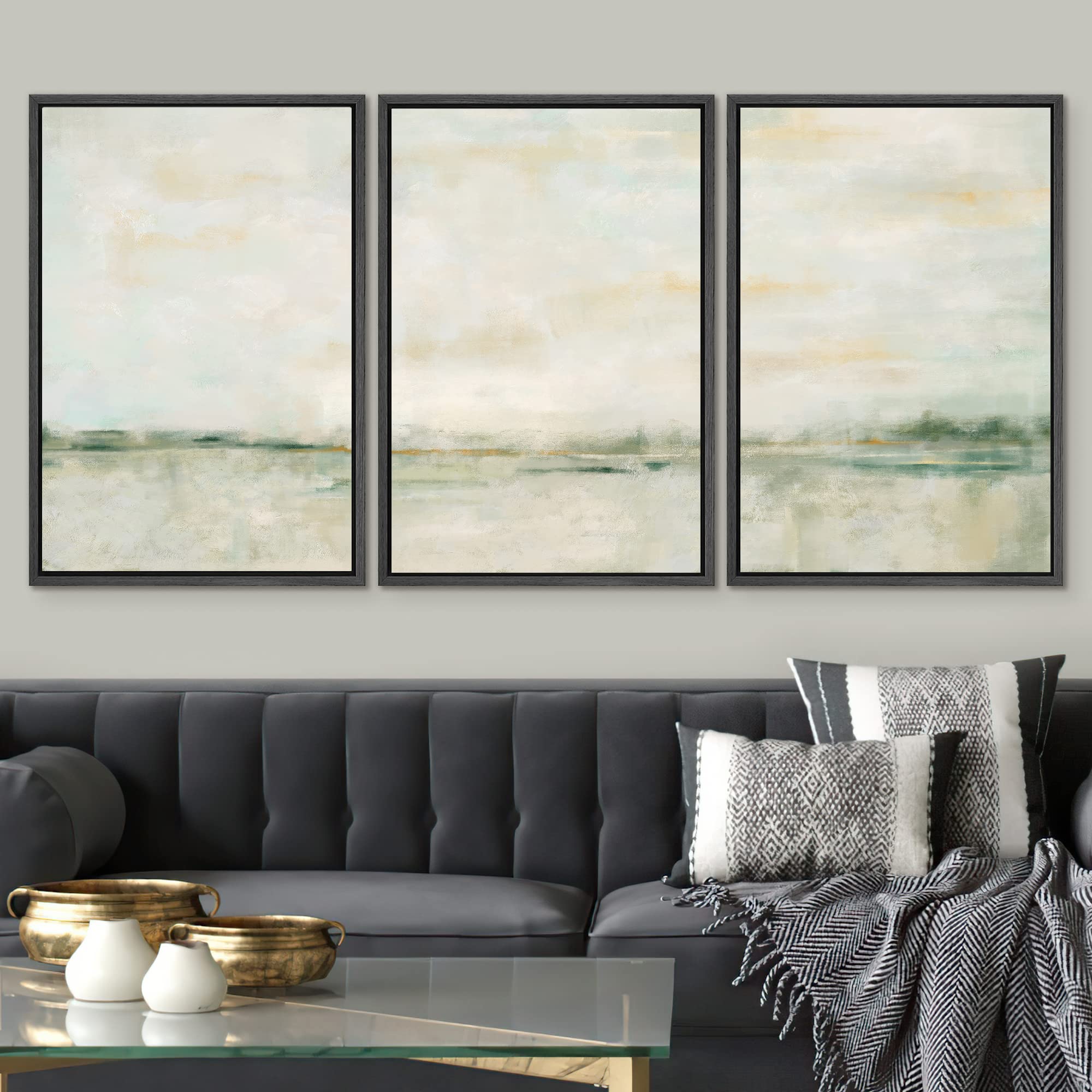 SIGNWIN Framed Canvas Print Wall Art Set Grunge Tan Green Pastel Landscape Shapes Abstract Illustrations Modern Art Decorative Nordic Calm/Zen for Living Room  Bedroom  Office - 16''x24''x3 Black