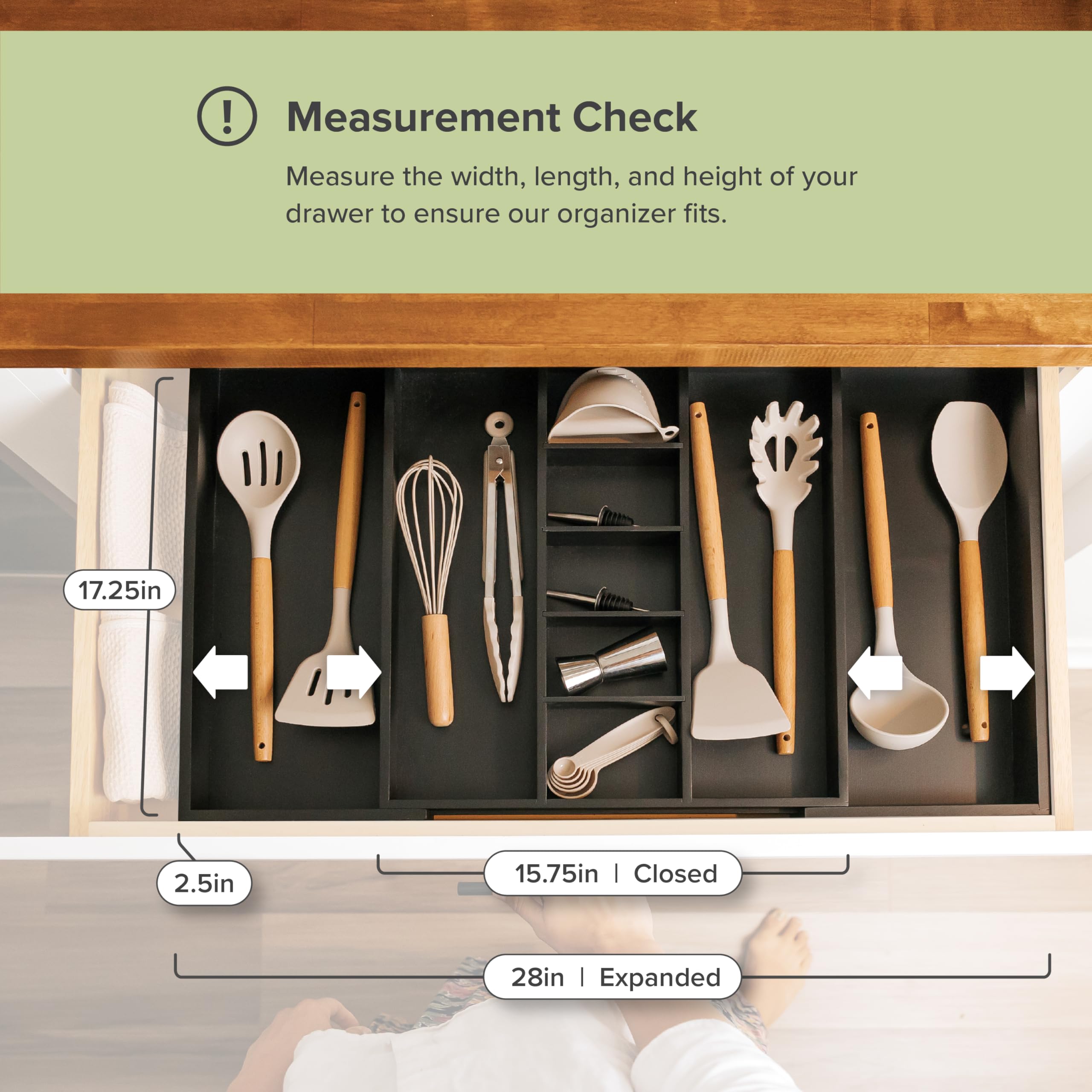 Kitchenedge Adjustable Kitchen Drawer Organizer For Utensils And Junk, Expandable To 33 Inches Wide, 9 Compartments, 100% Bamboo