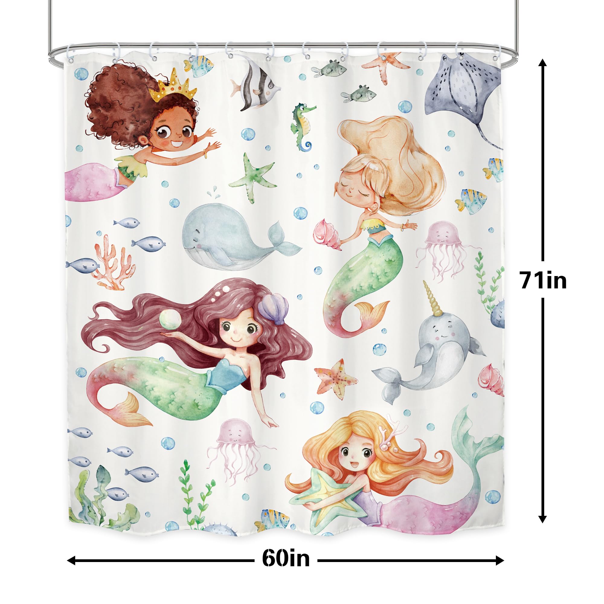 Lghtyro Kids Ocean Mermaid Shower Curtain Bathroom Set 60Wx71H Inches Underwater Cartoon Sea Animals Cute Whale Starfish Funny S