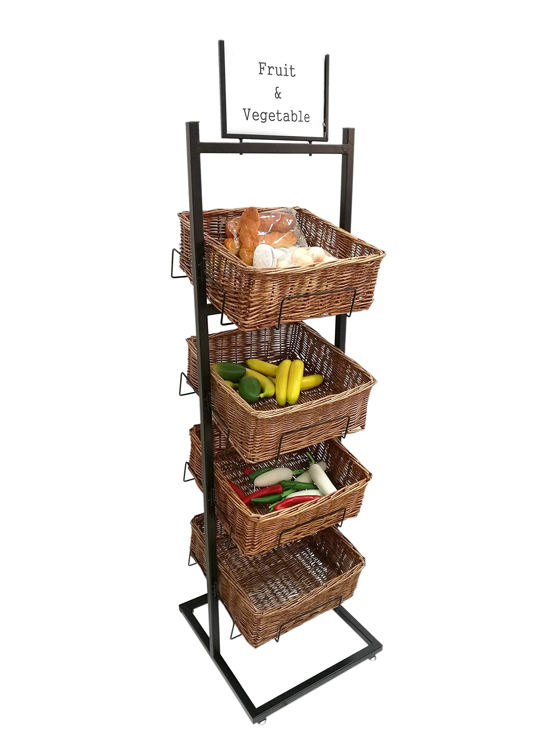 FixtureDisplays 4 Tier Basket Stand Wicker Basket Bakery Rack Produce Stand Food Rack Fruit, Wicker  Black 120005NPF