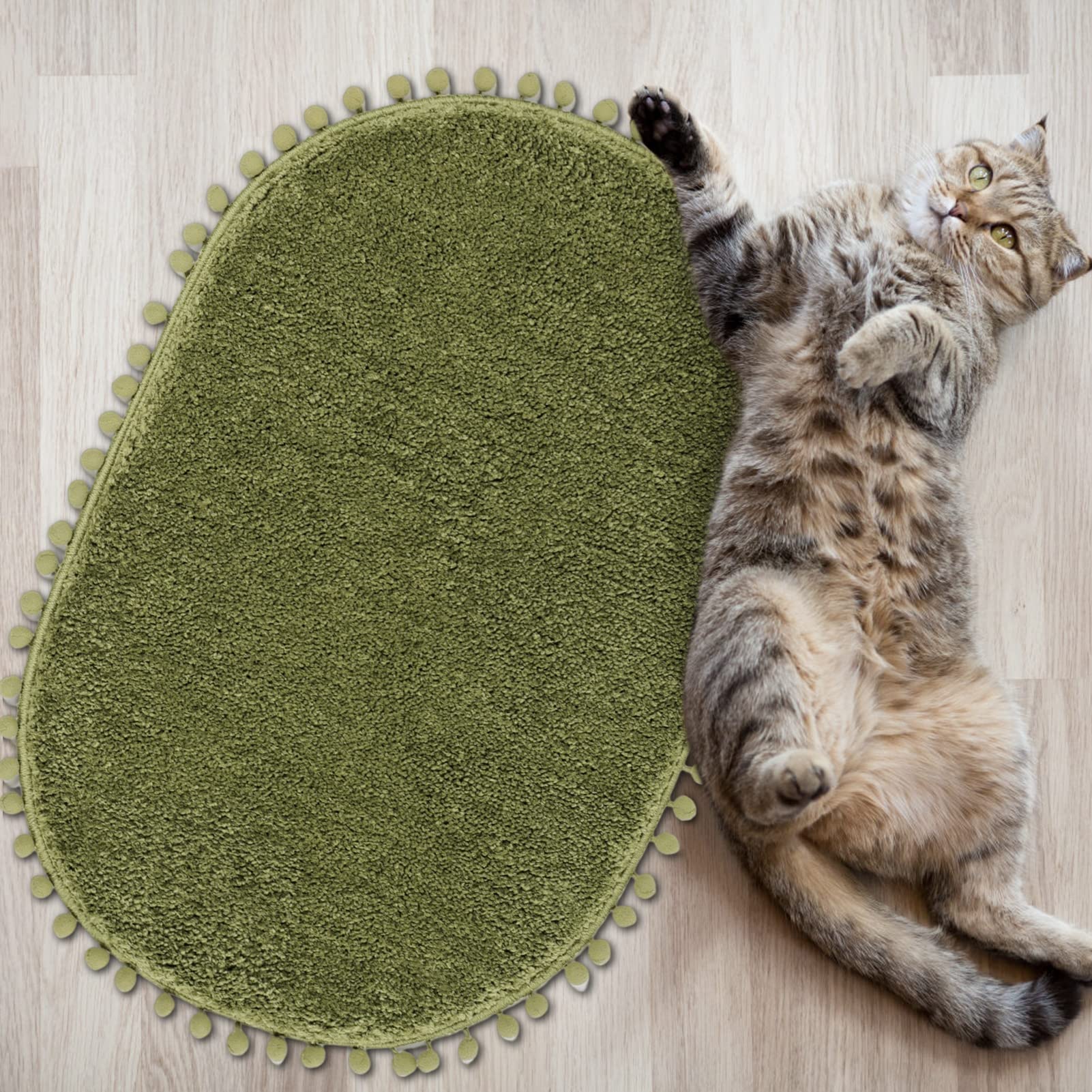 Yirddeo Olive Green Pom Bath Rug For Bathroom Non Slip, Cute Boho Pom Oval Absorbent Shower Mat, Plush Soft Washable Rug (20X30