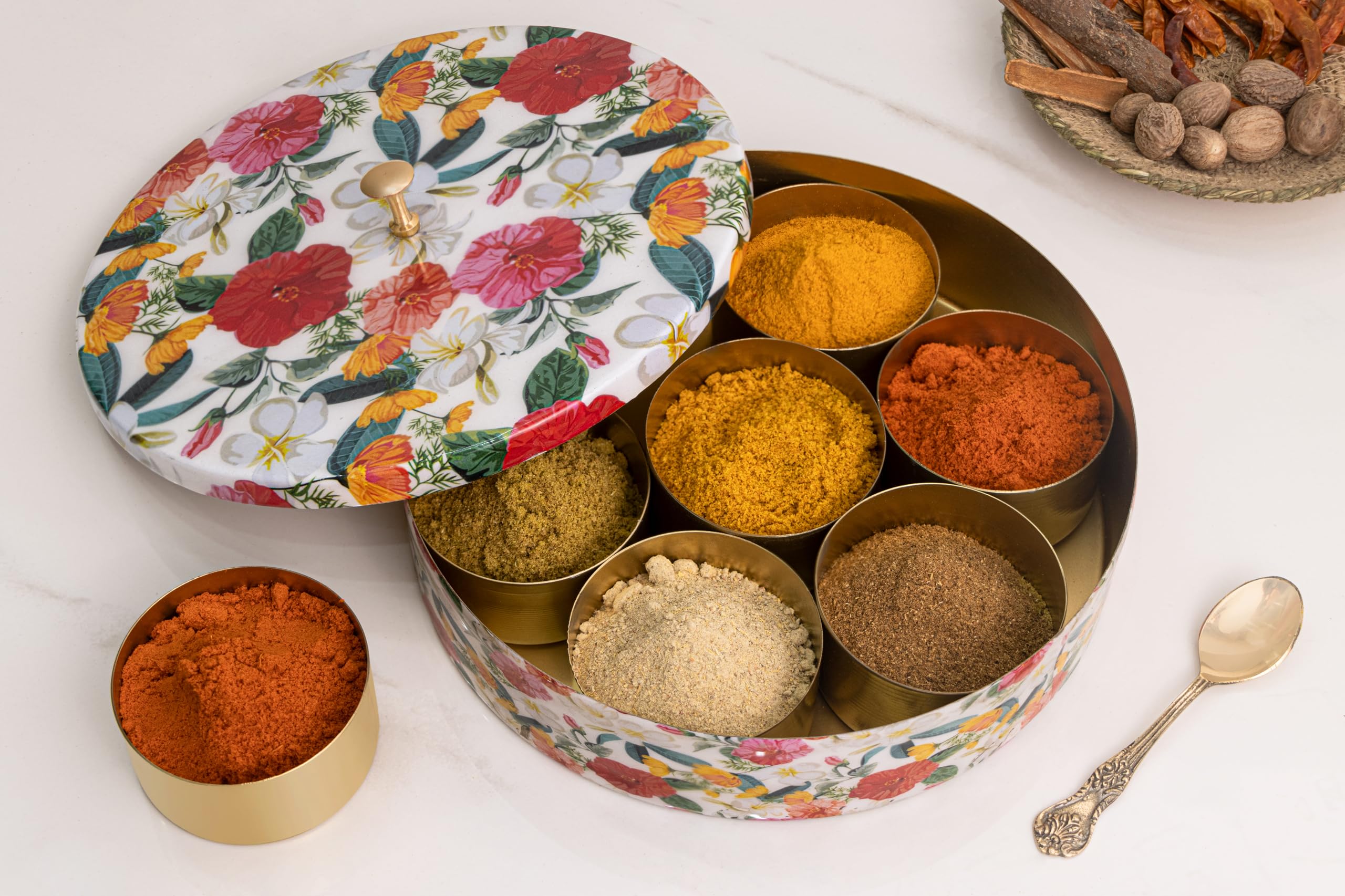 Akshata (04 Handcrafted Floral Brass Spice Box Set For Kitchen With Spoon (7 Containers, 40 Ml)  Brass Masala Box For Kitchen 