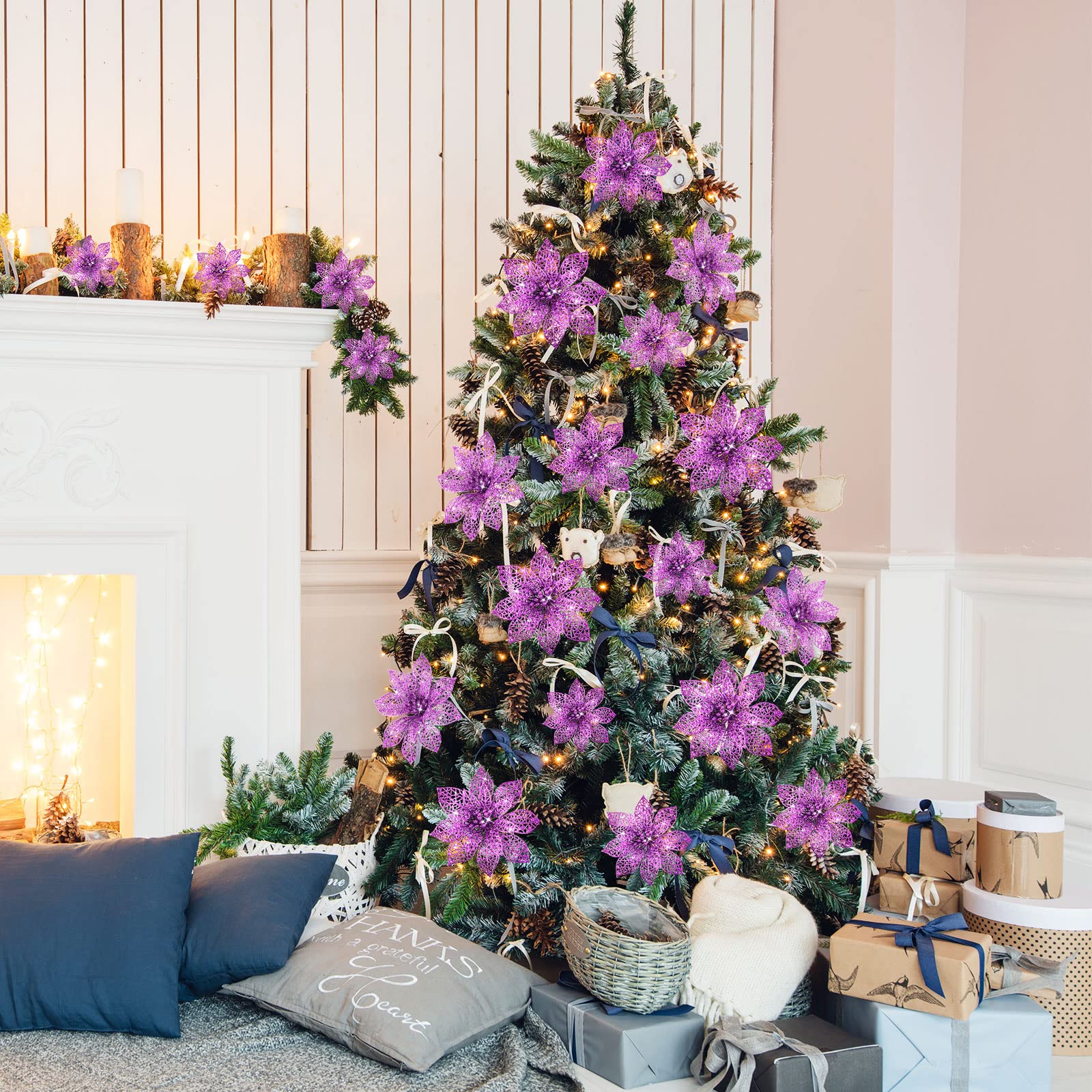 WILLBOND 36 Pieces Christmas Poinsettia Flowers Artificial Ornaments Glitter Christmas Decorations Tree Wedding New Year(Purple)