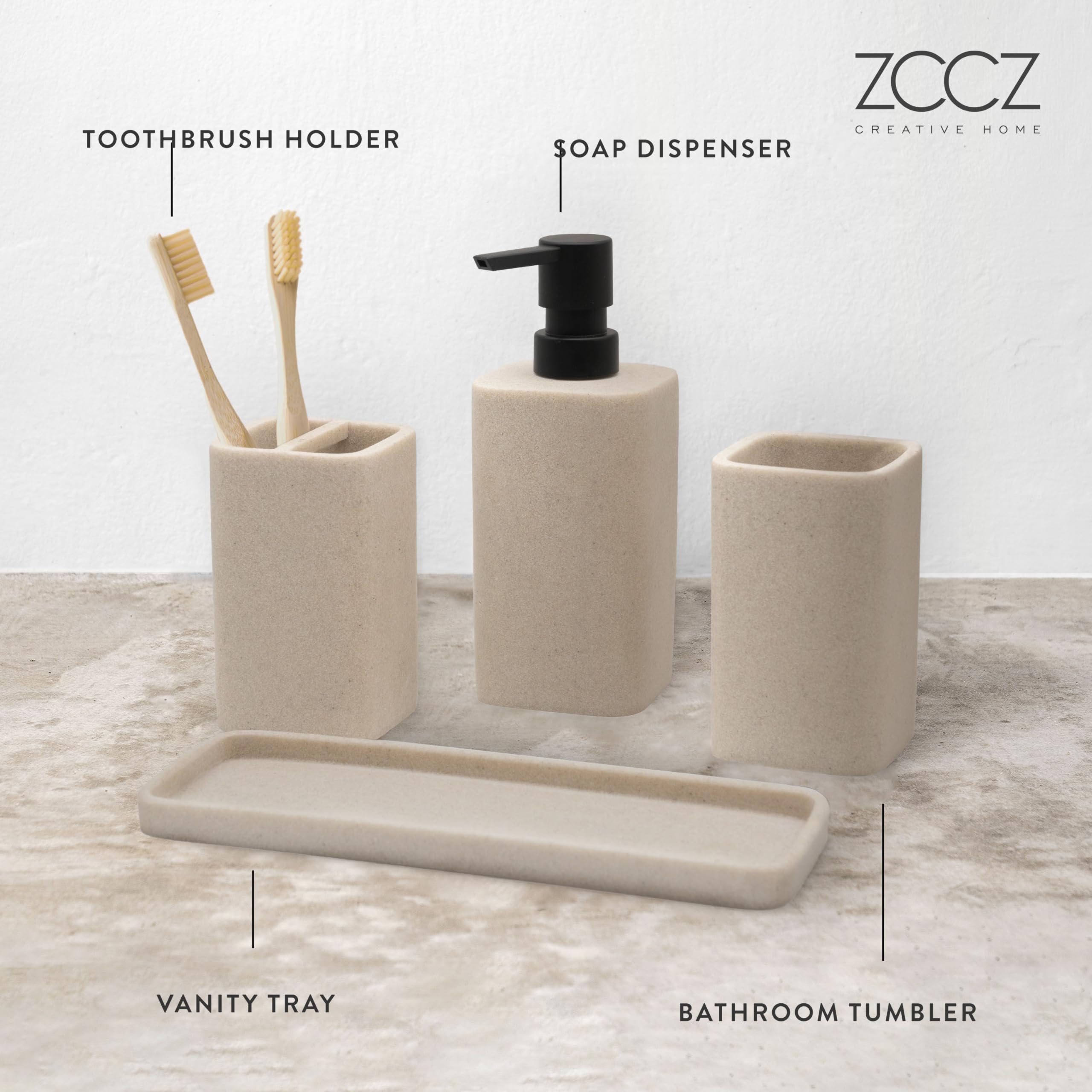 Zccz Beige Bathroom Accessory Sets, 4 Pieces Bathroom Accessories Complete Set Vanity Countertop Accessory Set, Includes Lotion