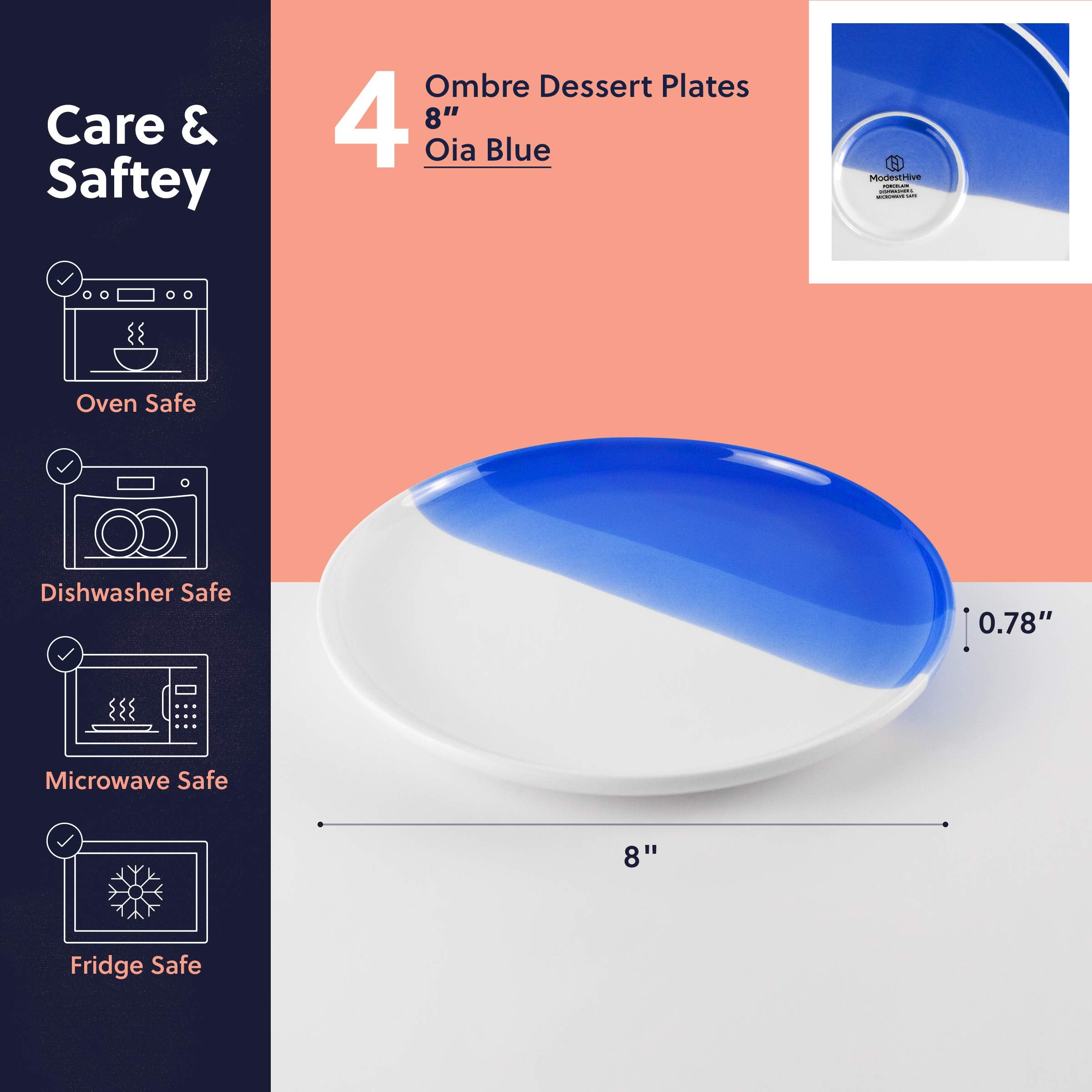 Modesthive Ombre Dessert Plates Oia Blue - 8 Inch Porcelain Plates Set - Appetizer Plates, Small Plates, Ceramic Plates, Salad P
