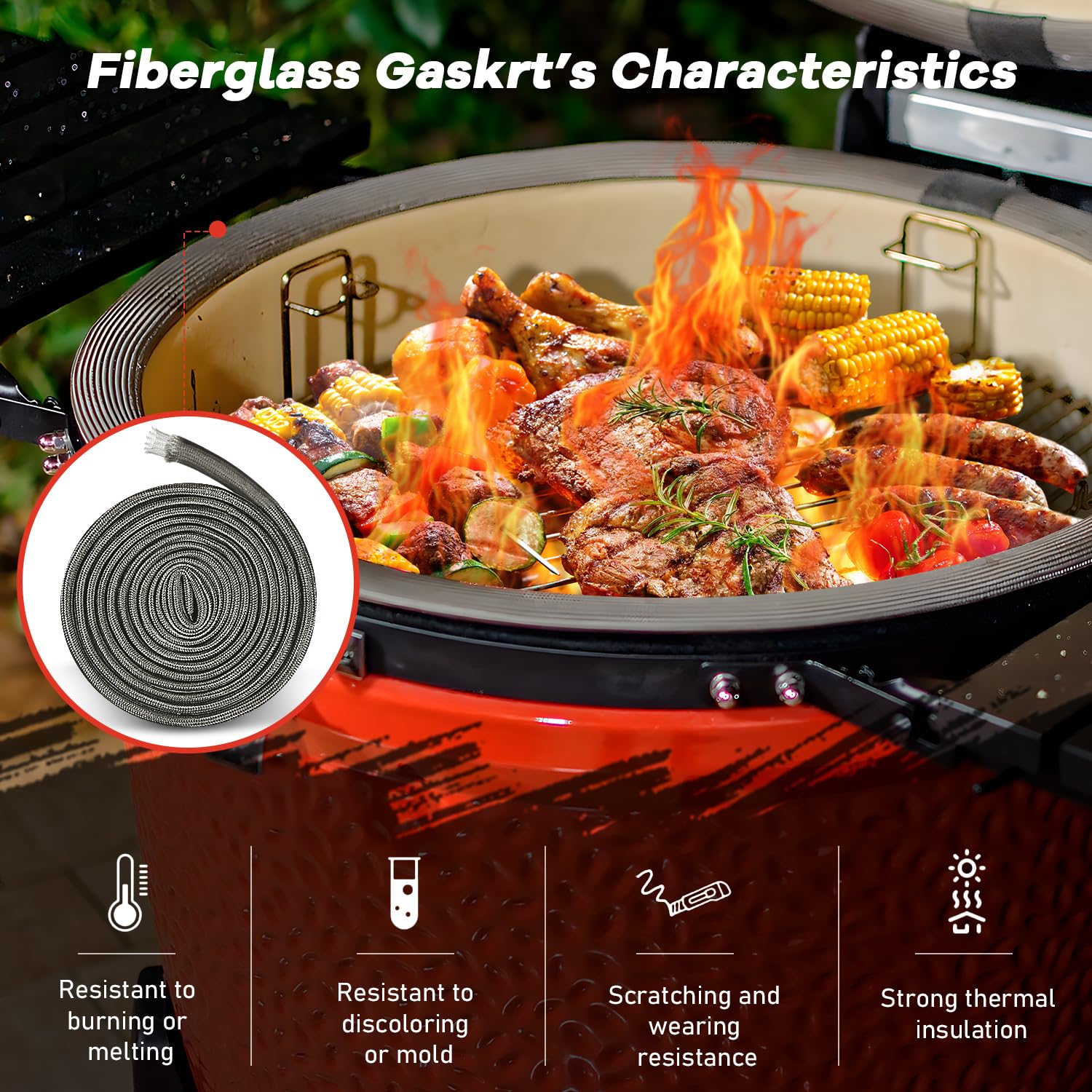 Wire Mesh Gasket Kit Fit For Kamado Joe Big Joe High Temp Fiberglass Gasket Replacement Bbq Smoker Seal Accessories Self Stick F