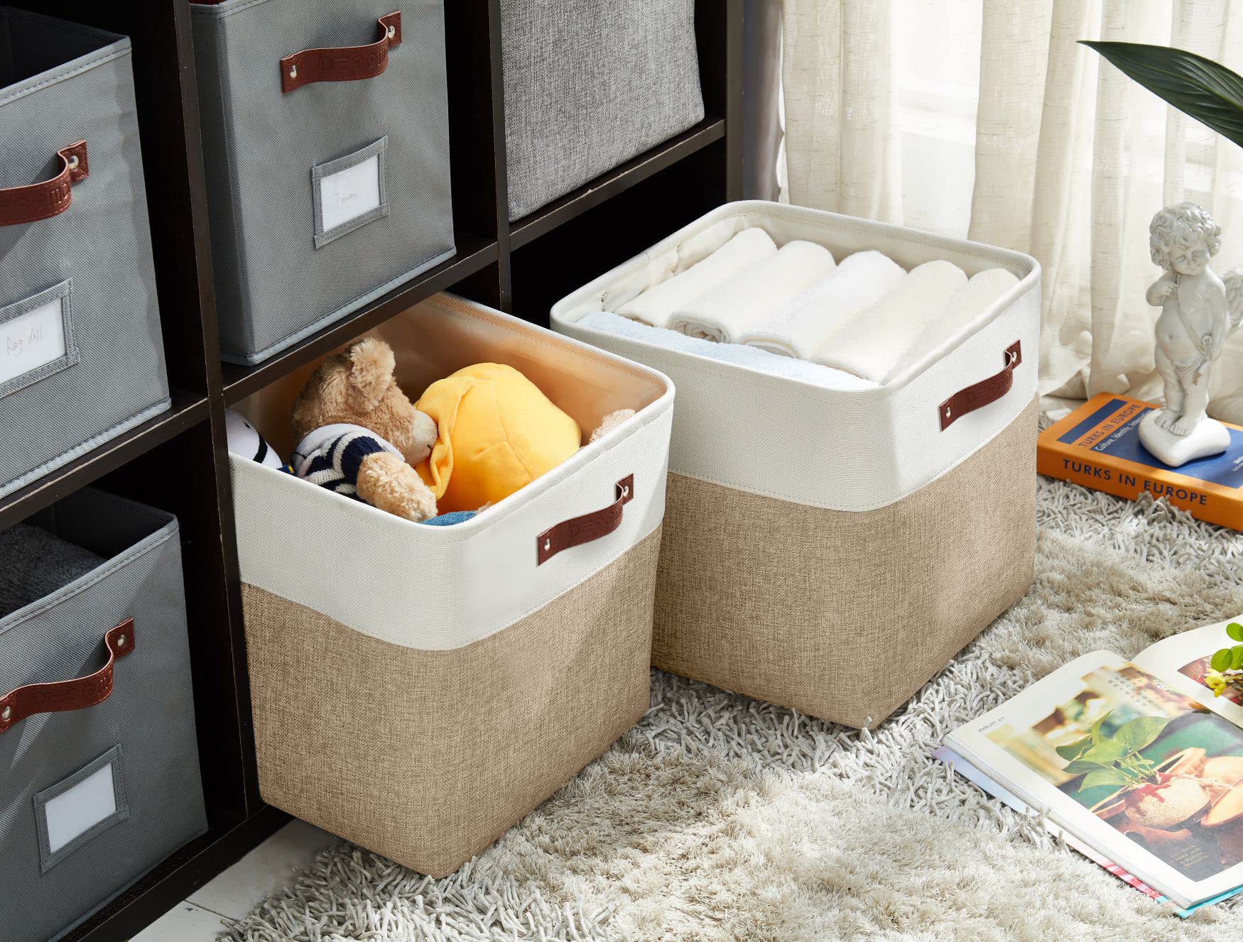 DECOMOMO Storage Cubes, 12x12 Storage Bins, Baskets for Shelves (Beige & White, Cube 12 - 4 Pack)