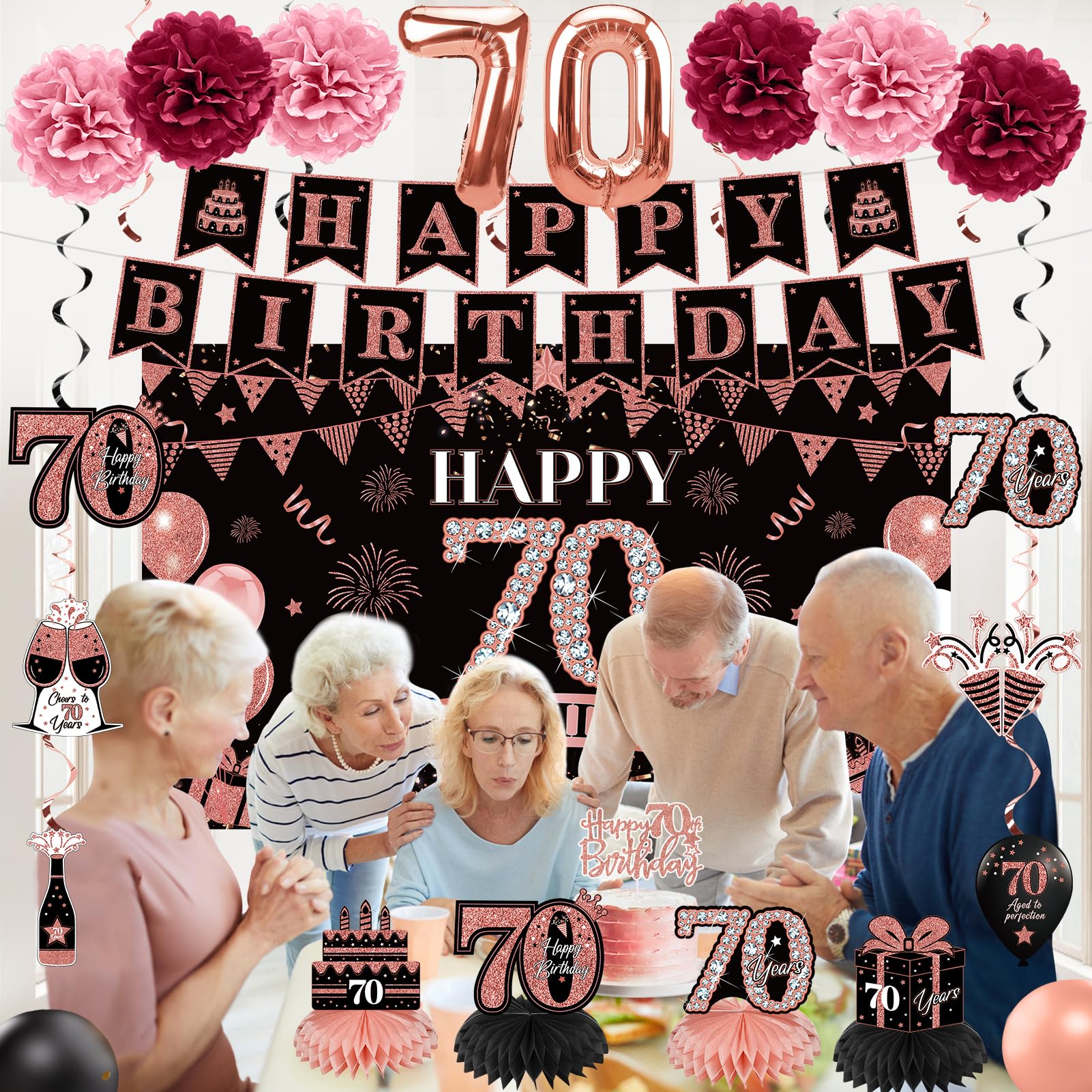42Pcs 70Th Birthday Decoration Kit For Women, Rose Gold Happy 70Th Bday Banner Balloons Honeycomb Centerpiece Swirl Paper Pompom