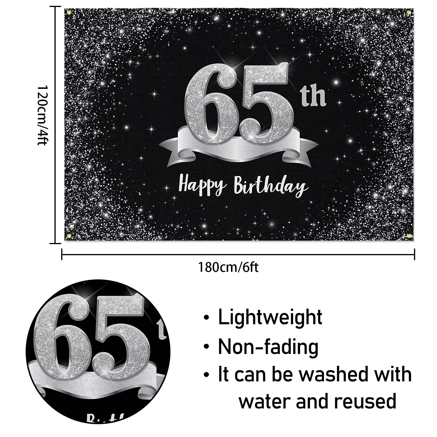 HAMIGAR 6x4ft Happy 65th Birthday Banner Backdrop - 65 Years Old Birthday Decorations Party Supplies for Women Men - Black Silver
