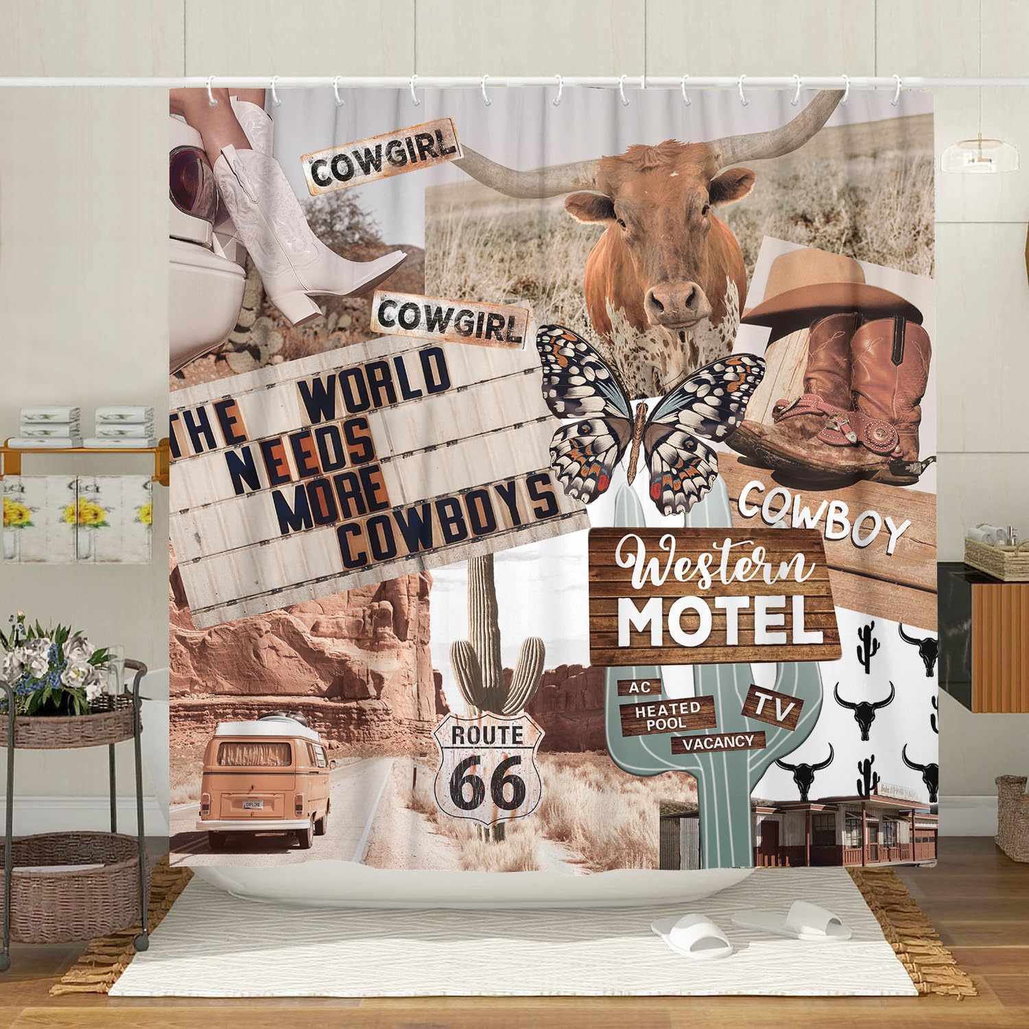 Western Boho Shower Curtain, Funny Rustic Farmhouse Cow Butterfly West Desert Cactus Cowboys Cowgirl Shower Curtain, Western Azt