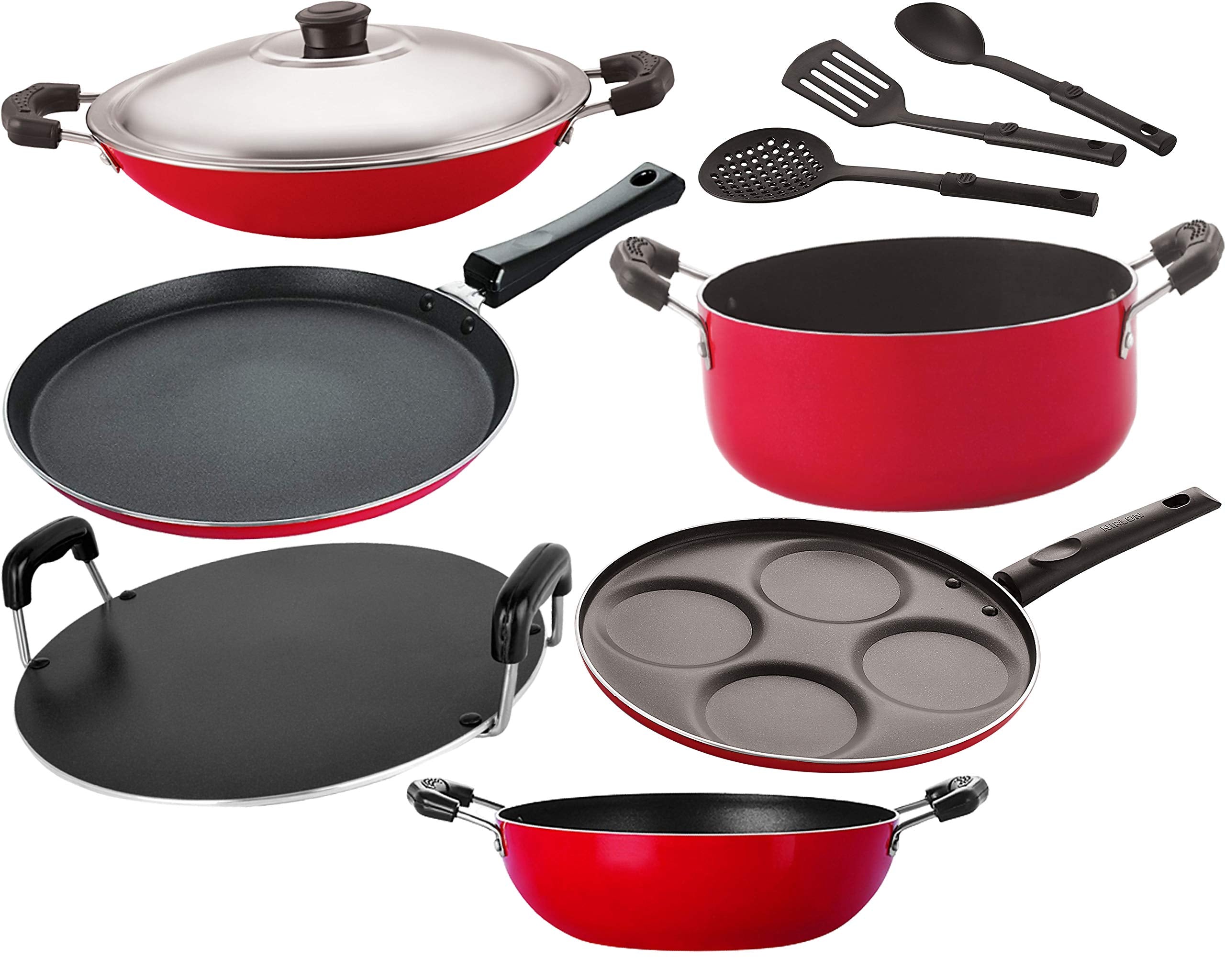Nirlon Nonstick Gas Compatible Aluminium Kitchen Cookware Set, 9 Pcs [26_Ft13_Kd12_Ch_Rt_Cass20_Up4_3Spn]