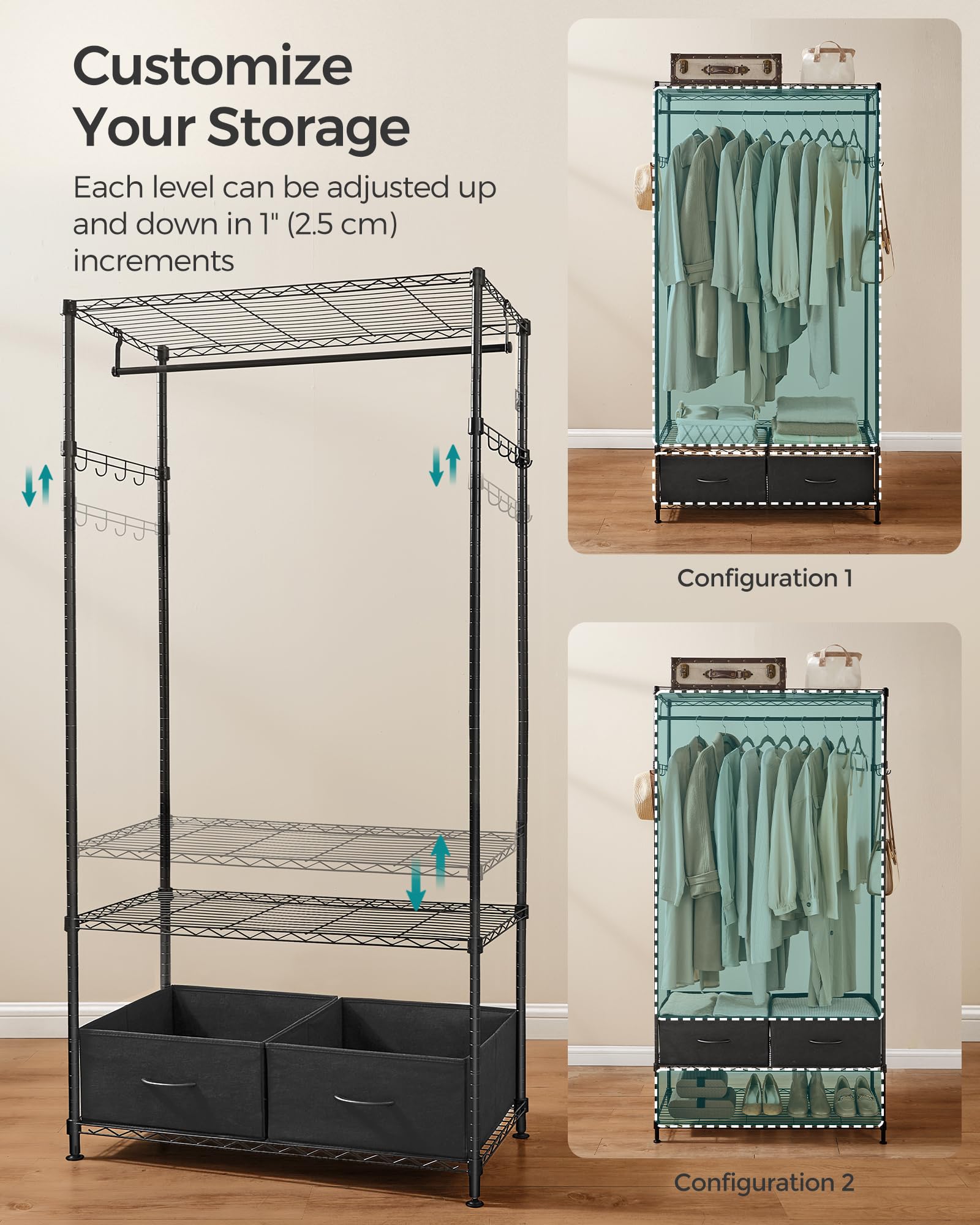 Songmics Wardrobe Closet, Heavy-Duty Portable Closet,Clothing Rack With Mesh Shelf, Freestanding Closet Clothes Rack,2 Fabric Dr