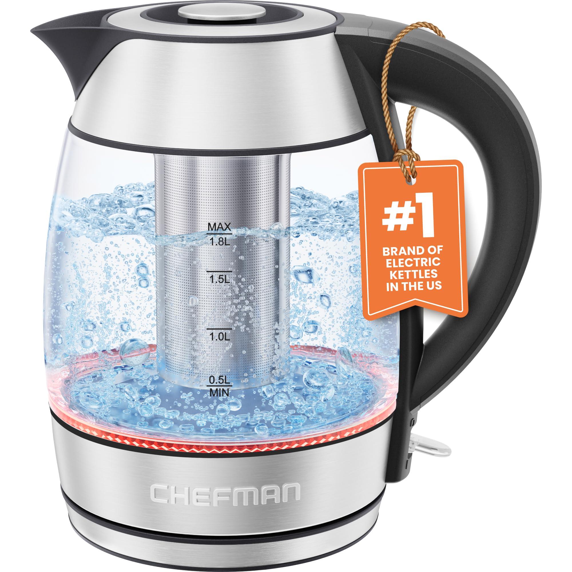 Chefman Glass Electric Kettle for Boiling Water, 1.8L 1500W, with Tea Infuser, Keep Warm Function, Auto Shut Off, BoilDry Prote