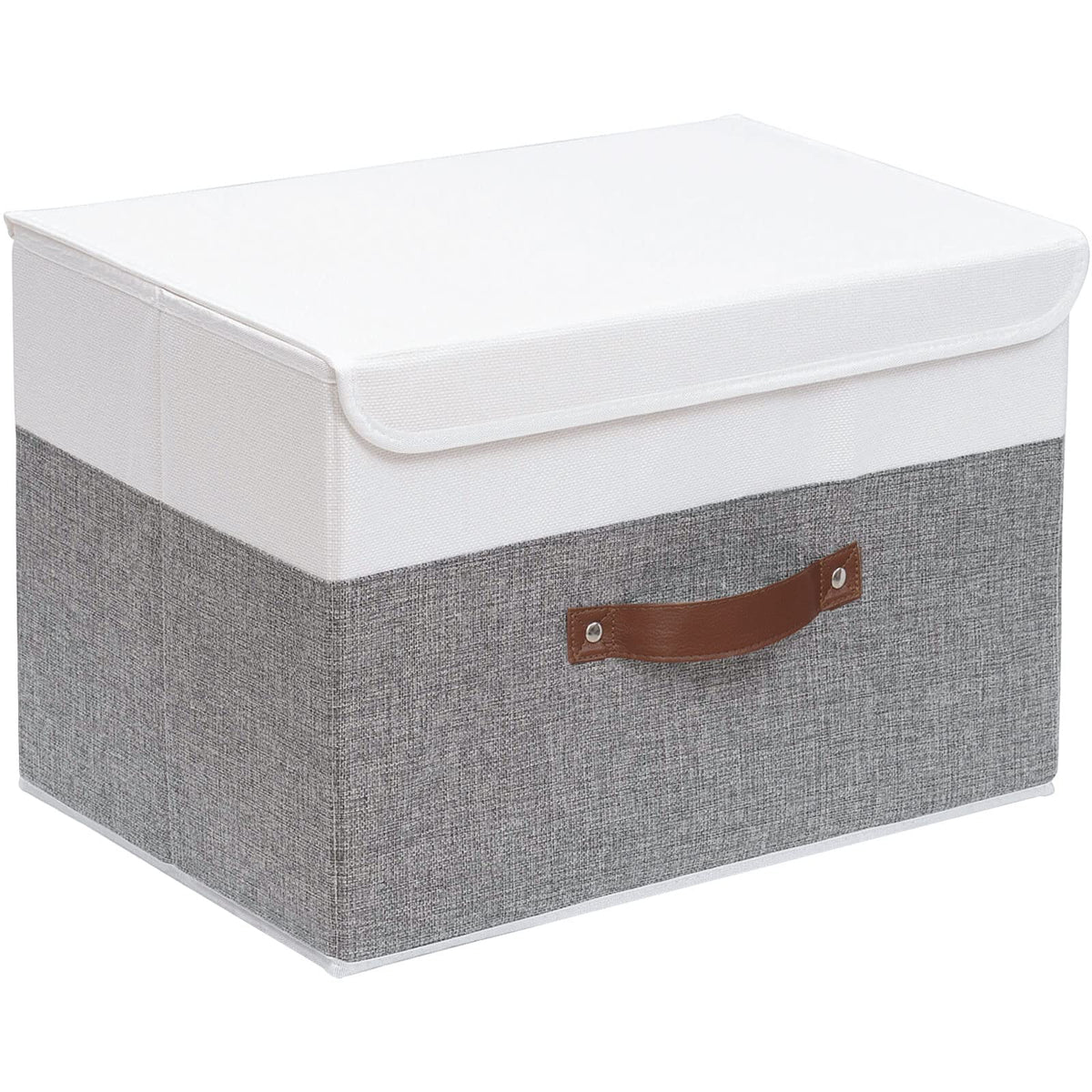 Yawinhe Collapsible Storage Boxes 1 Pack, Linen Fabric Storage Baskets Washable, With Lids And Leather Handle, For Home Bedroom