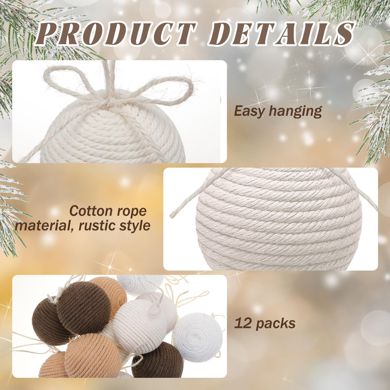 Syhood 12 Pcs Boho Farmhouse Christmas Ball Ornaments 2.36 Inch Crochet Jute String Ball Neutral Rustic Christmas Tree Hanging O