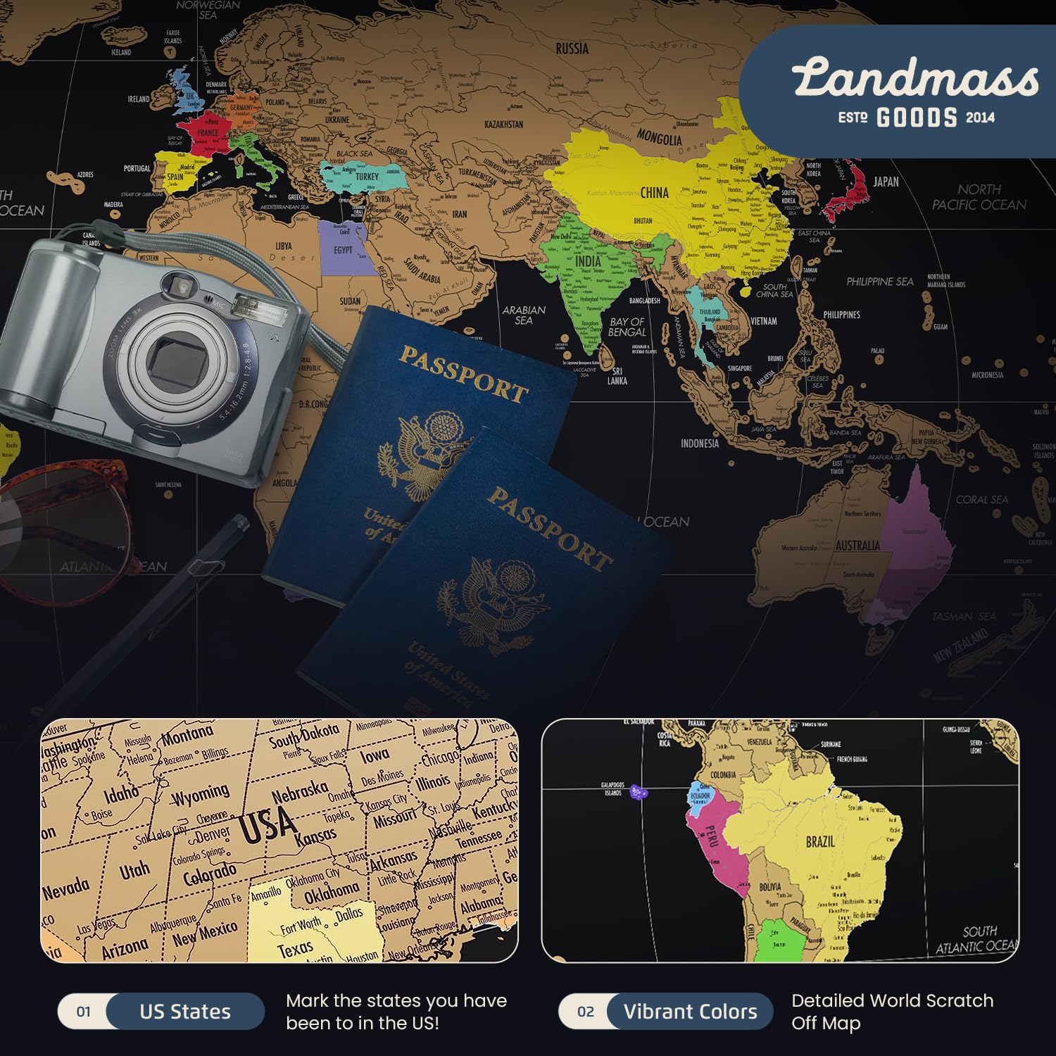 Landmass Scratch Off World Map, With Wood Hanger Frame, Extra Large 36X24 Inch Travel Map Poster, Scratchable Flags And Countrie