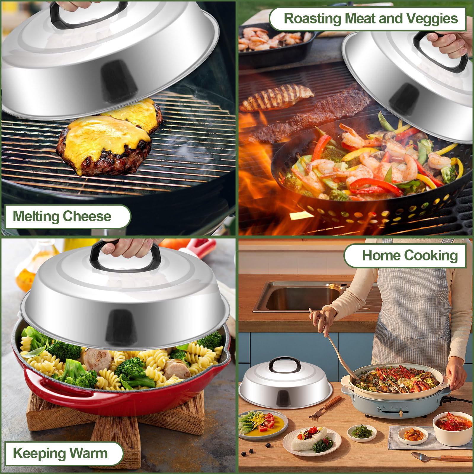 Cheese Melting Dome Set Of 2-12 Inch Round Basting Cover - Stainless Steel - Metal Steam Cover - Griddle Accessories For Flat To