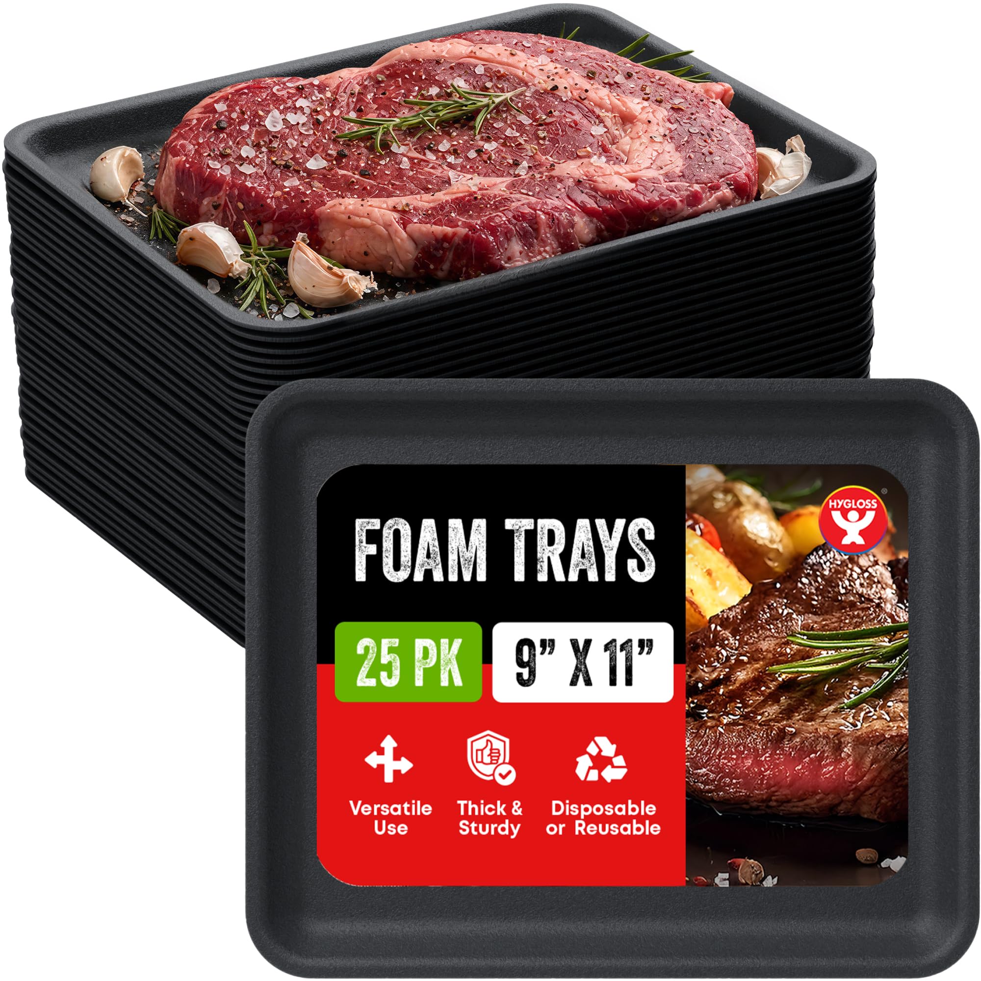 Hygloss Black Foam Trays for Food & Crafts - 9 x 11 Inch - Pack of 25 - Multipurpose Rectangle Foam Meat Trays for Food Prep, Va