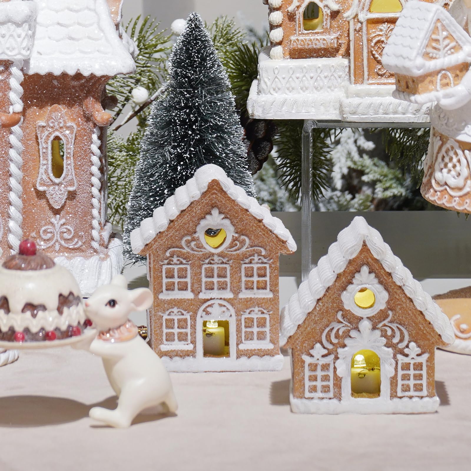 Braxio Indoor Christmas Decorations Gingerbread House Kit 2PCS with LED Light - 3 Inch Miniature Resin Houses for Indoor Home De