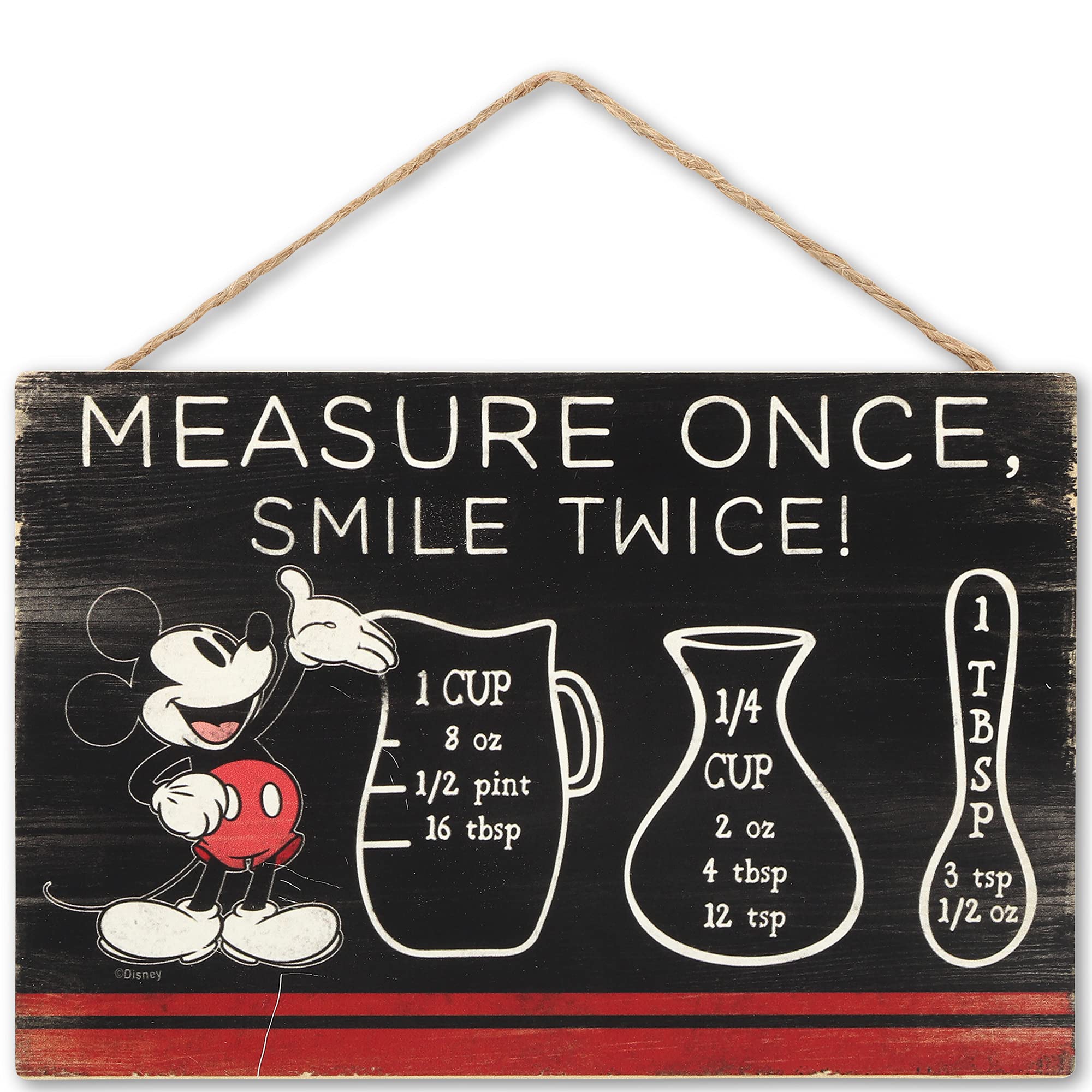 Disney Mickey Mouse Hanging Wood Measuring Sign - Measure Once, Smile Twice for Kitchen or Dining Room