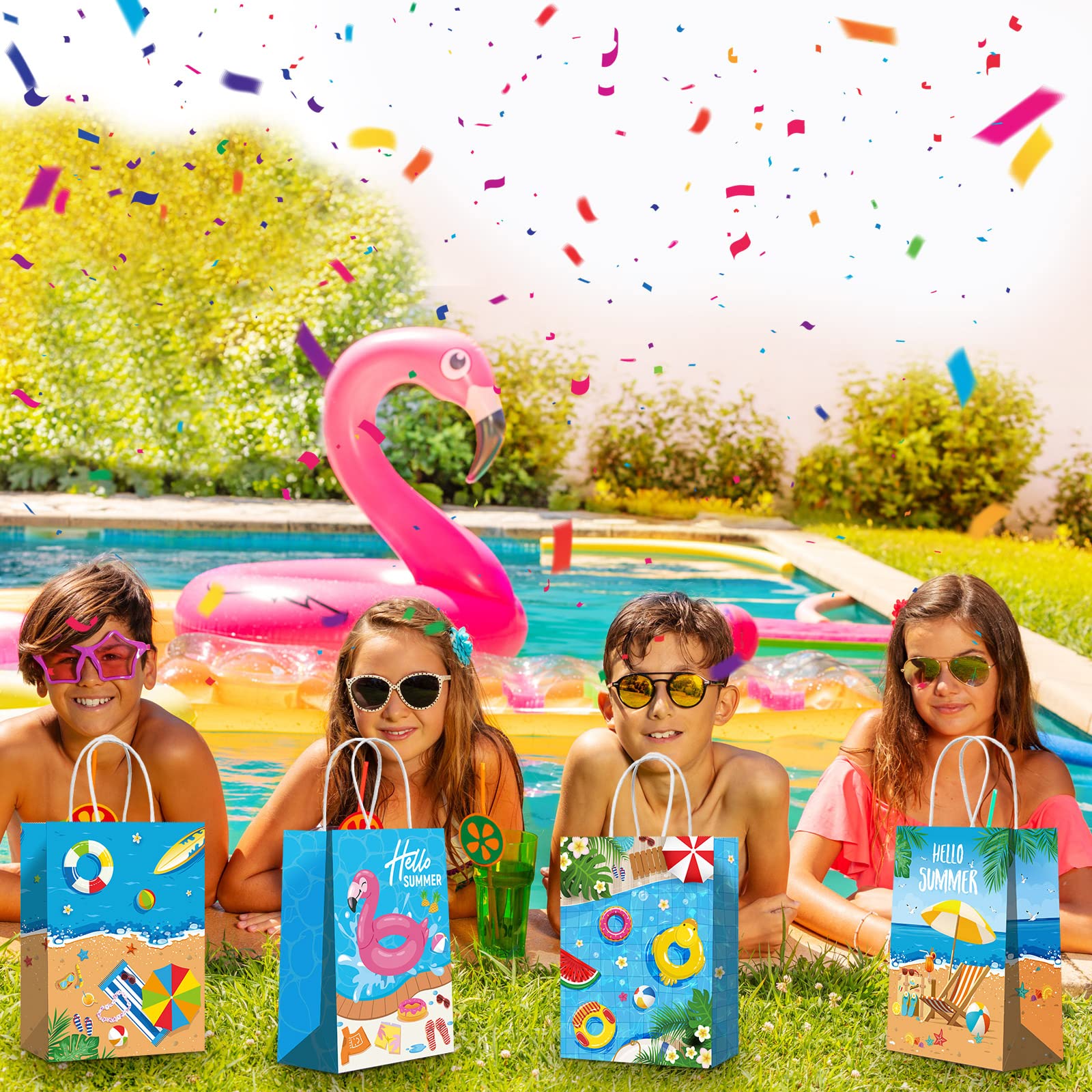 Pajean 16 Pcs Beach Party Paper Bags, Summer Pool Goodie Candy Gift Treat Bags For Luau Tropical Beach Party Favors Supplies