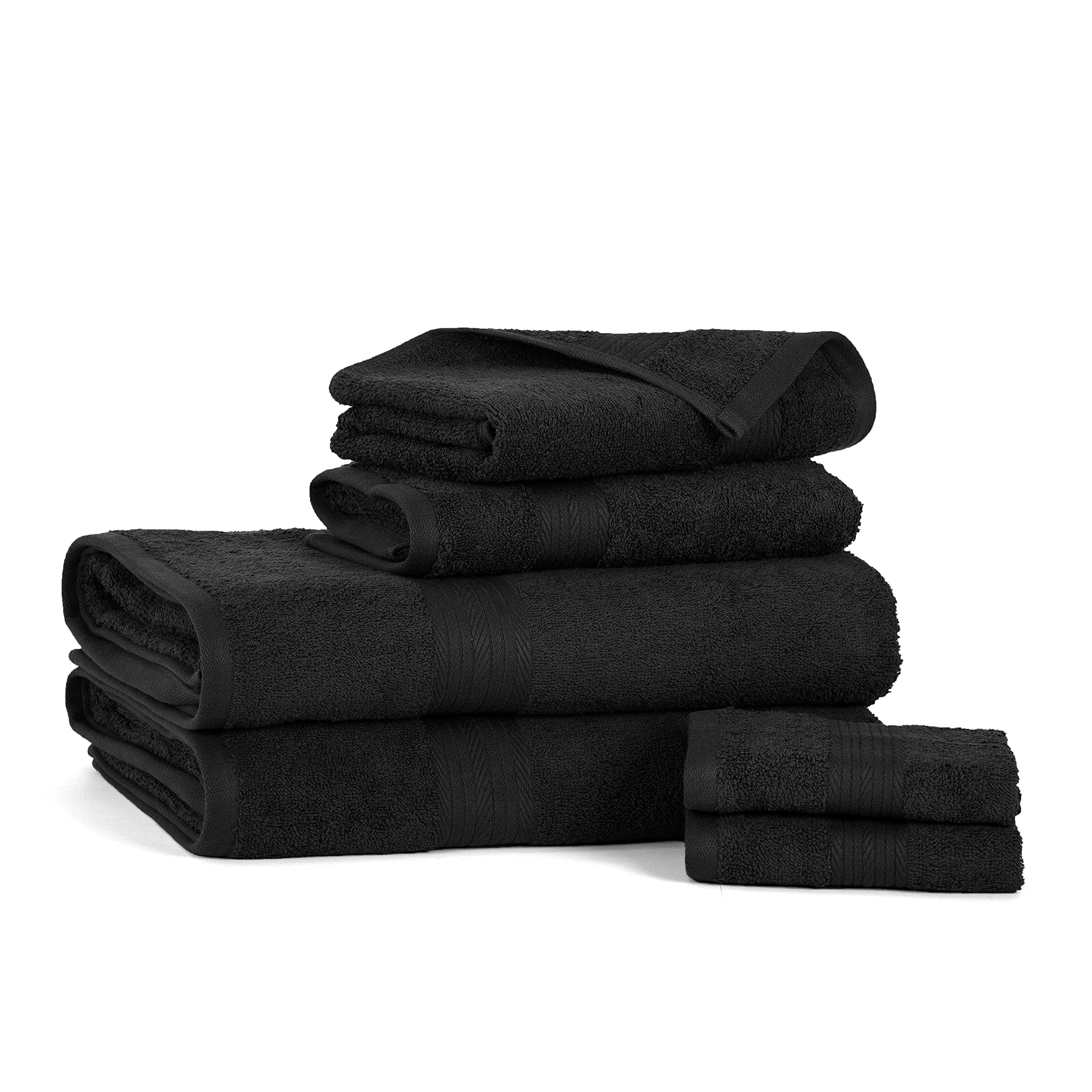 Ample Decor 100% Cotton Luxury 6 Piece Towels Set, 2 Bath Towels, 2 Hand Towels, 2 Wash Cloths For Bathroom - Black Towel Sets