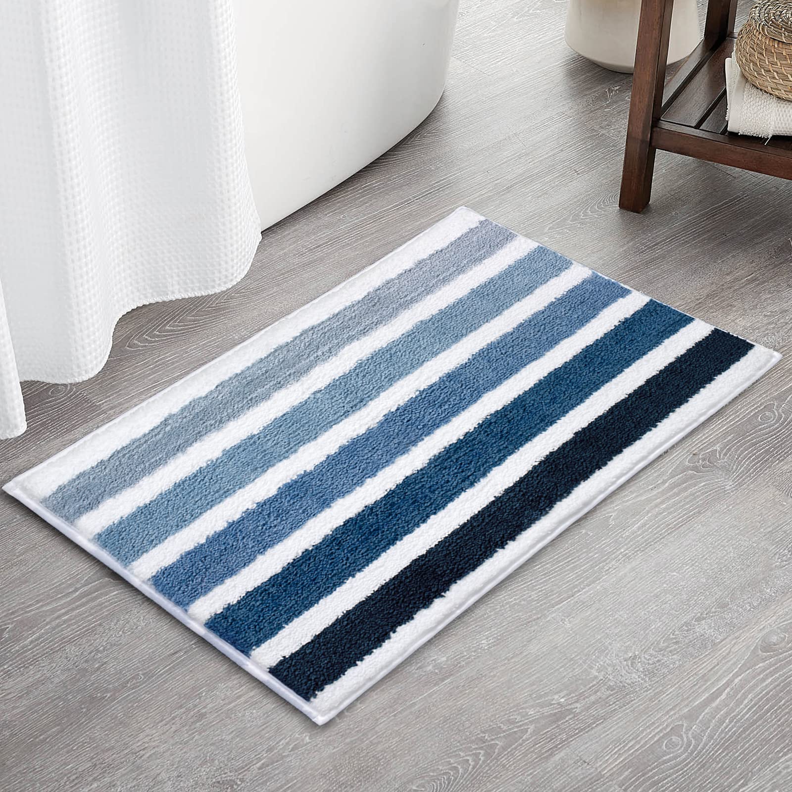 Sunlit Ombre Blue Bathroom Rug Nautical Bath Mat For Bathroom Non Slip 30''X20'' Blue And White