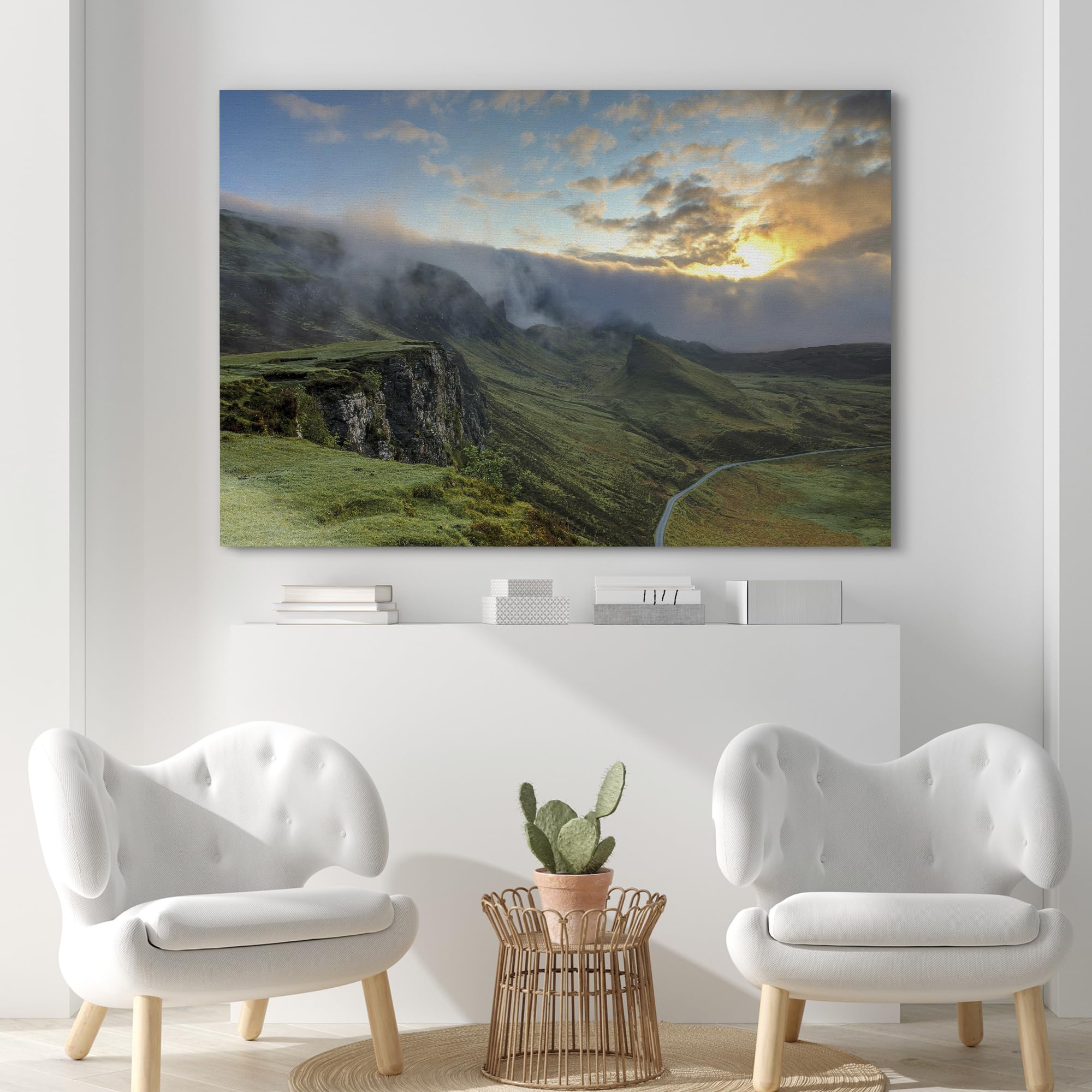 Signford Canvas Print Wall Art Sunset Over Scottish Highlands Misty Mountains Photography Realism Decorative Scenic Multicolor L