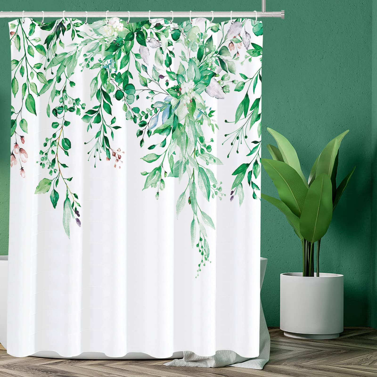 Tititex Emerald Green Eucalyptus Shower Curtain Sets, Watercolor Leaves On The Top Plant With Floral Bathroom Decoration 72X72 I