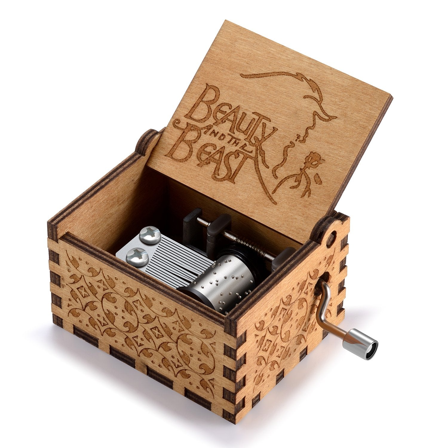 Huntmic Wooden Beauty and The Beast Music Box, Hand Crank Classic Antique Carved Wood Musical Boxes Birthday Gift for Kids Child