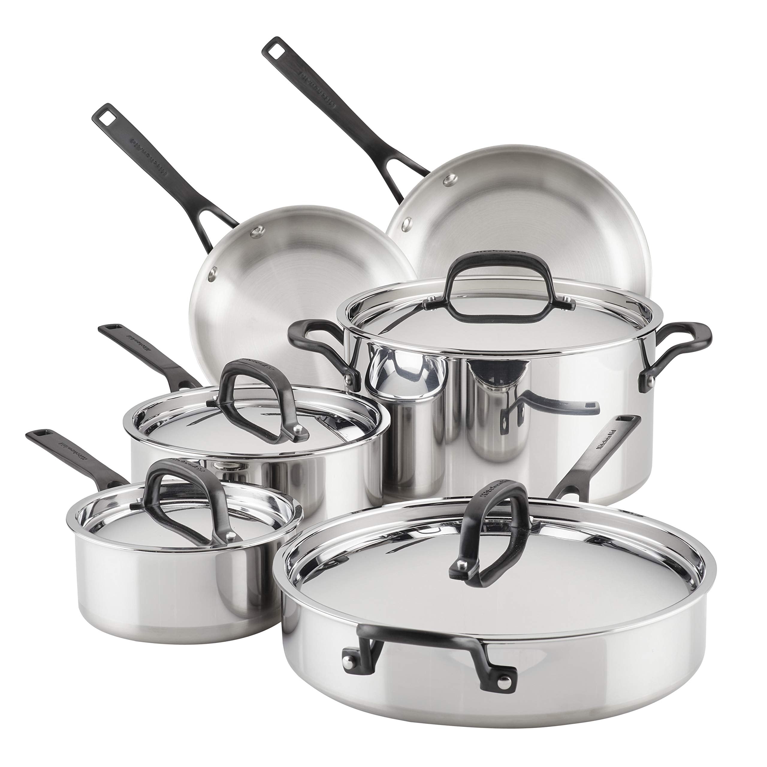 KitchenAid 5-Ply Clad Stainless Steel Cookware Induction Pots and Pans Set, 10-Piece, Polished Stainless Steel