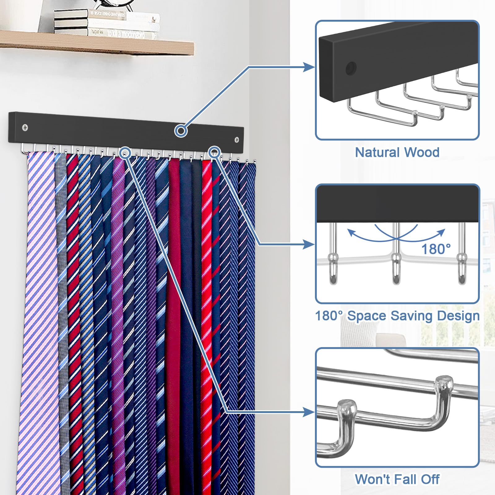 Belt Hanger Tie Rack Wall Mounted, 360Rotating Belt Organizer Tie Hanger Max 20 Storage For Belt, Ties, Purse, Scarves, Tank Top