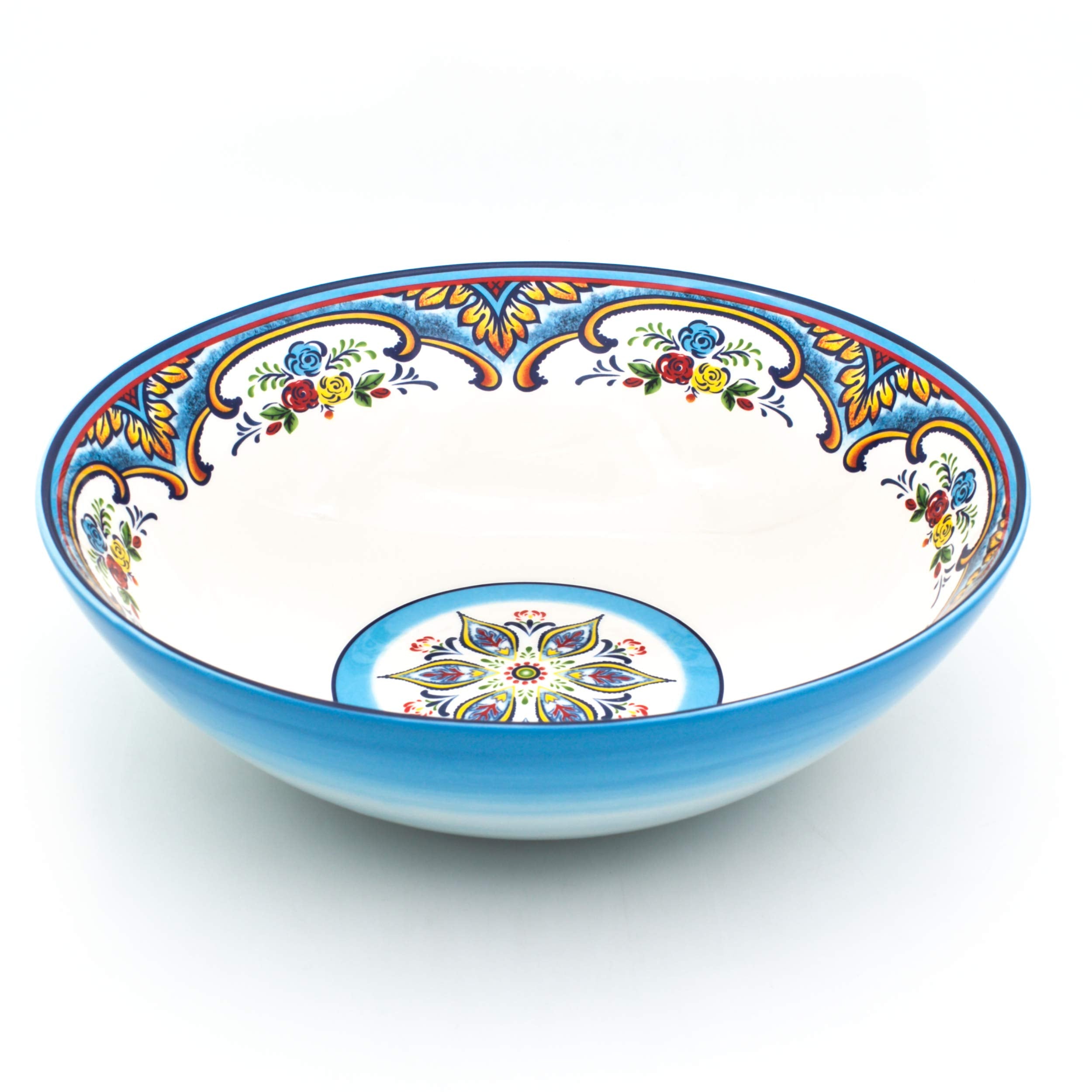 Euro Ceramica Zanzibar Collection Vibrant 12.75'' Ceramic Round Serving Bowl, Spanish Floral Design, Multicolor