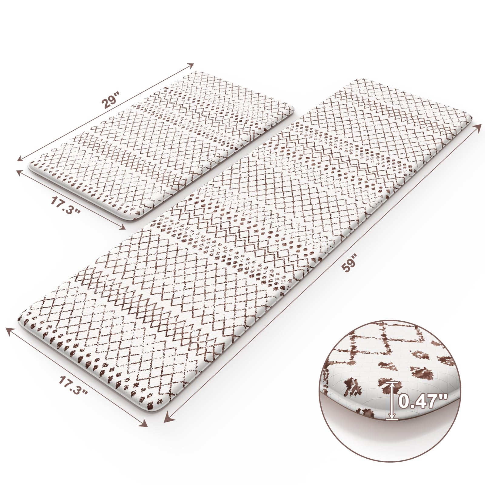 KIMODE Anti Fatigue Kitchen Mats 2PCS, Cushioned PVC Rugs 17"x59" + 17"x29", Non-Slip Waterproof, Brown and White