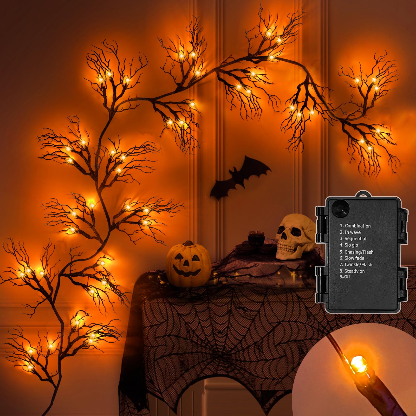 [ 8 Modes & Timer ] 6 Ft 45 LED Halloween Willow Vine Twig Garland Decorations with Orange Lights, Halloween Garland with Batter