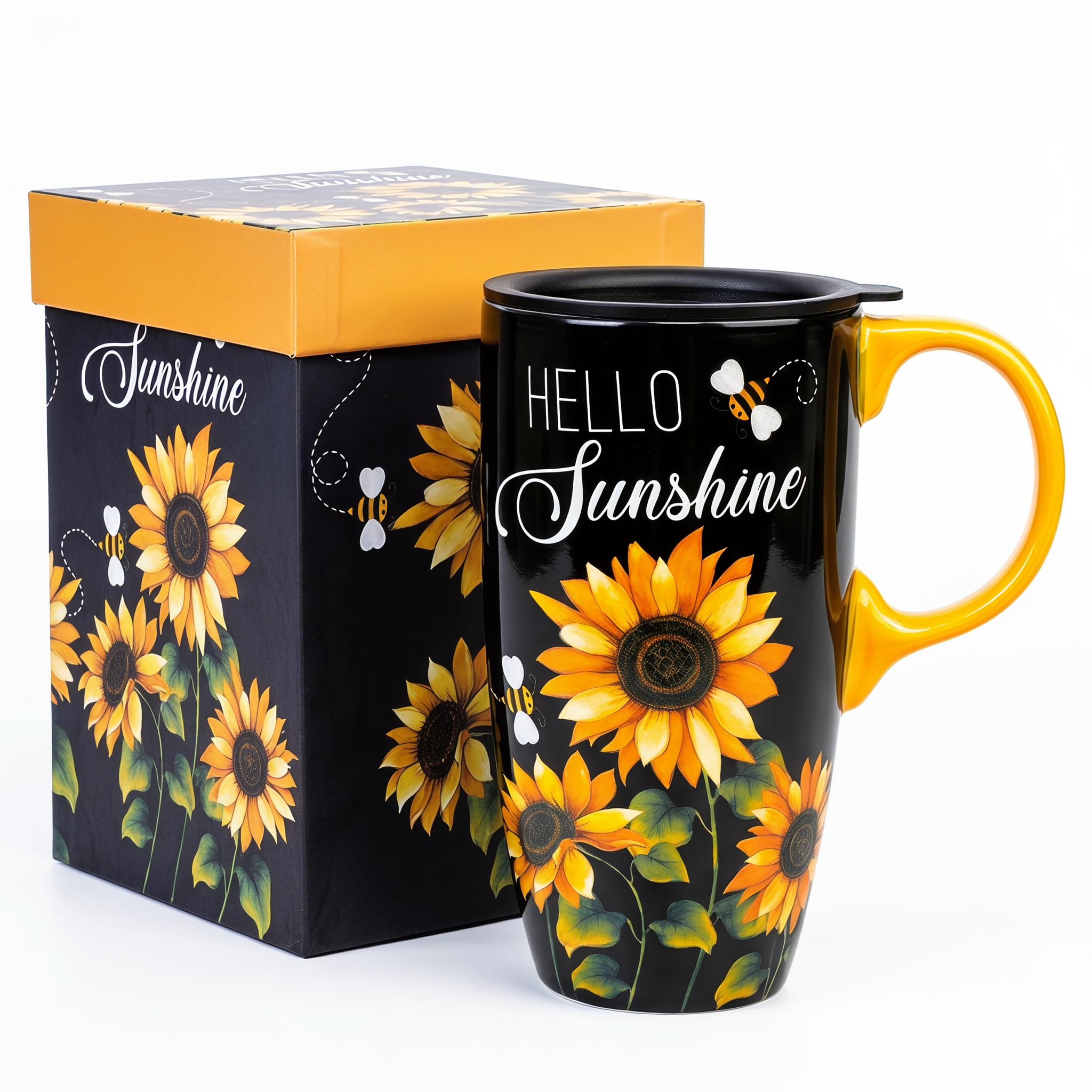 Topadorn Coffee Mug Travel 17oz Large Ceramic with Lid Sunflower