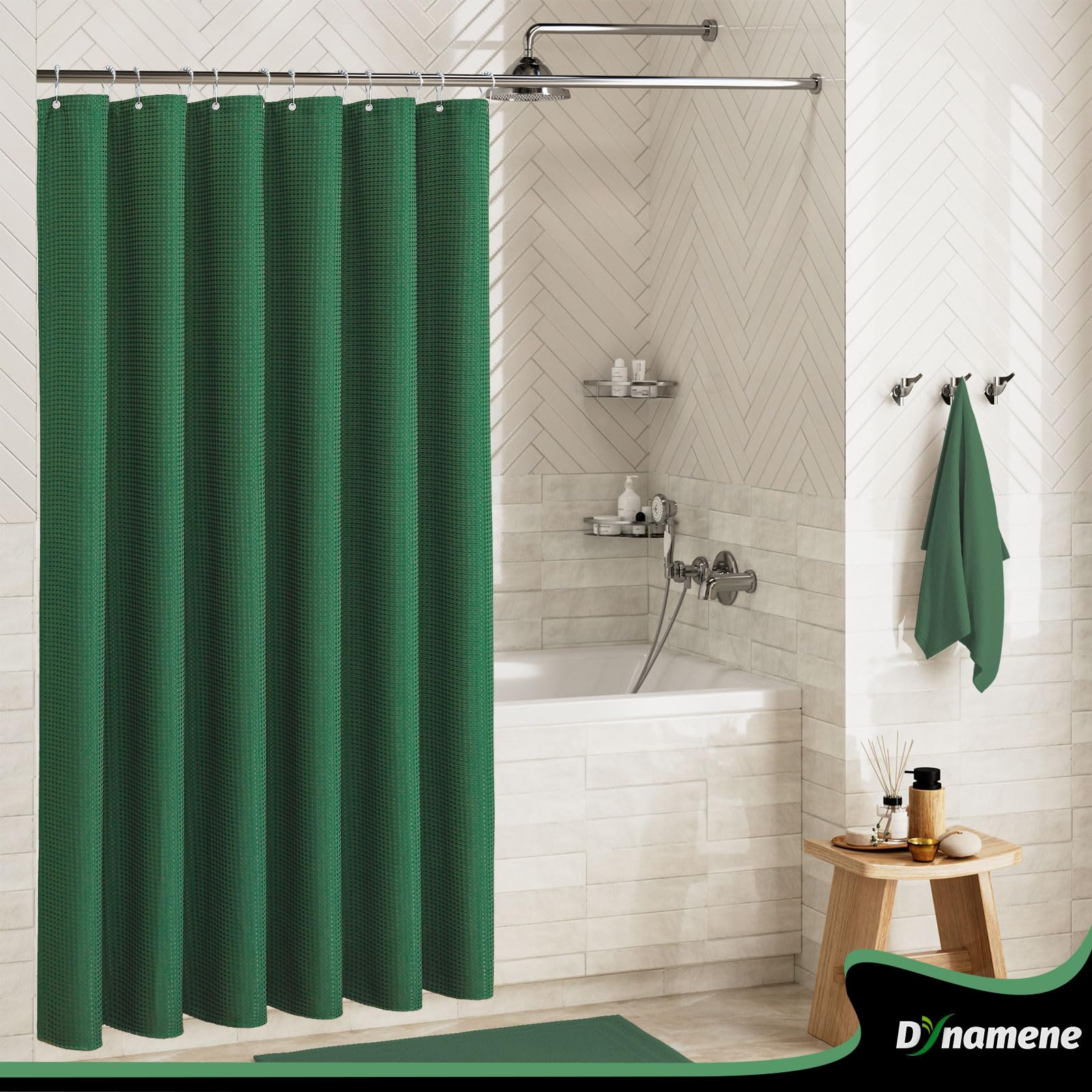 Dynamene Dark Green Fabric Shower Curtain - Waffle Weave Textured Heavy Duty Cloth Shower Curtains For Bathroom, 256Gsm Hotel Lu