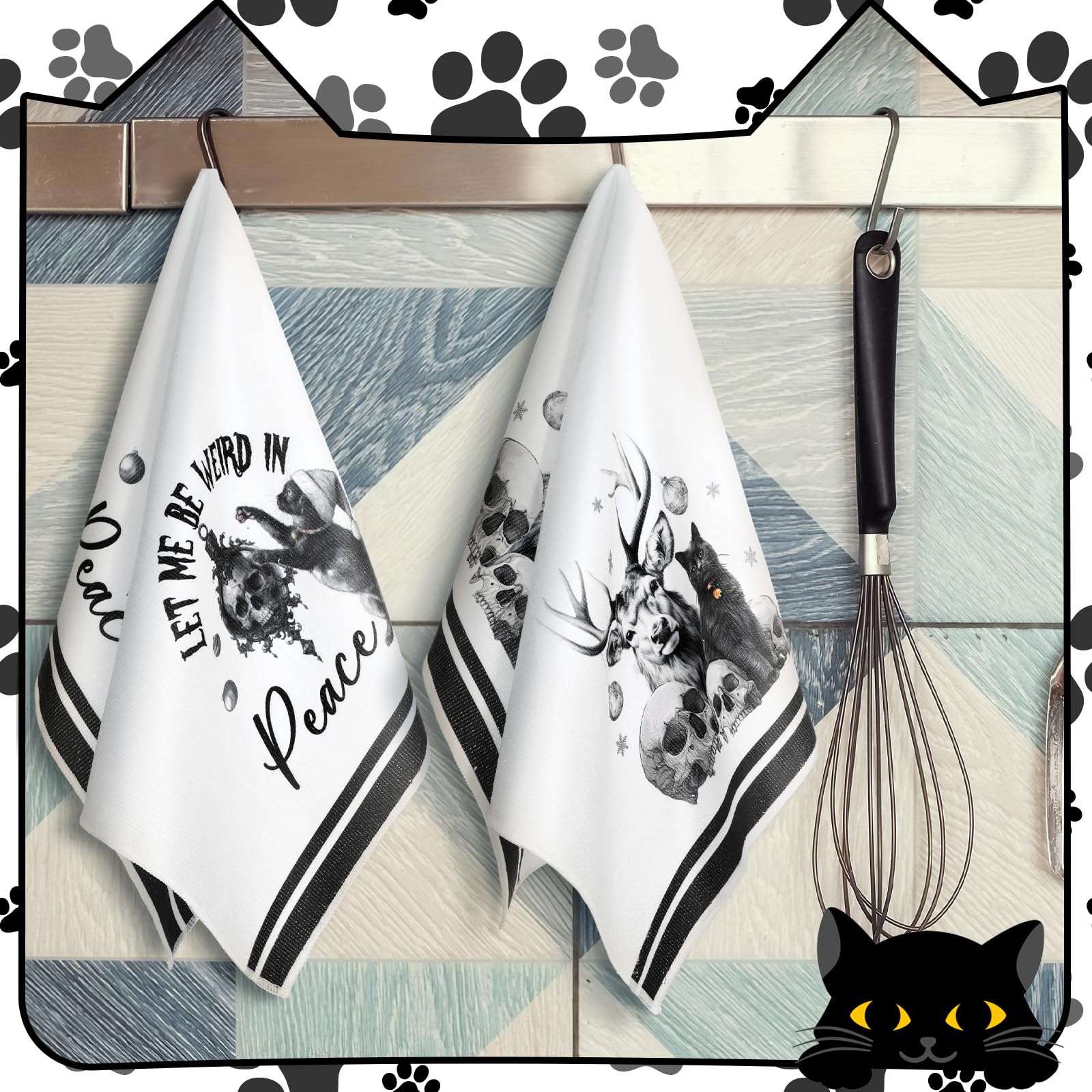 Bencailor 6 Pcs Gothic Christmas Kitchen Towels Black Cat Spooky Christmas Dish Hand Towels Creepy Horror Xmas Tea Washcloth for