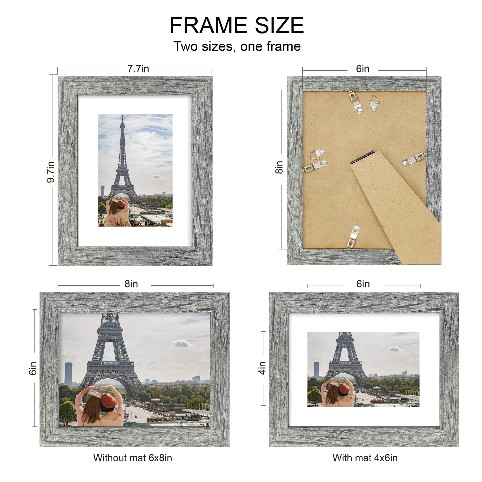 Hongkee 6x8 Picture Frame Set of 4, Made of Real Glass and Grey Frame - Display Picture 4x6 with Mat or 6x8 Without Mat, 6 by 8