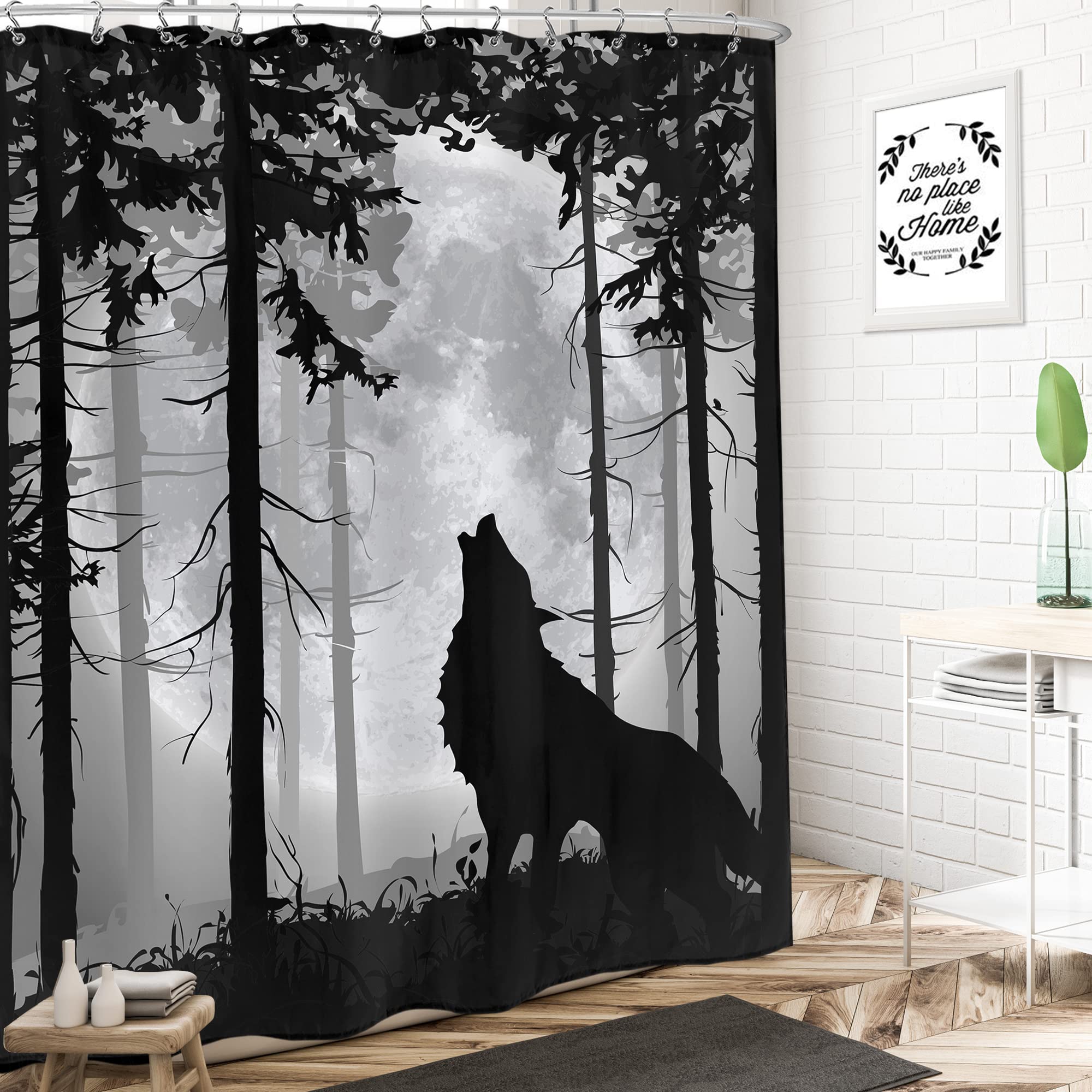 Lightinhome Wolf Shower Curtain 60Wx72H Inches Rustic Dark Moon Trees Gothic Wildlife Animal Howling Wild Scenery Woodland Bathr