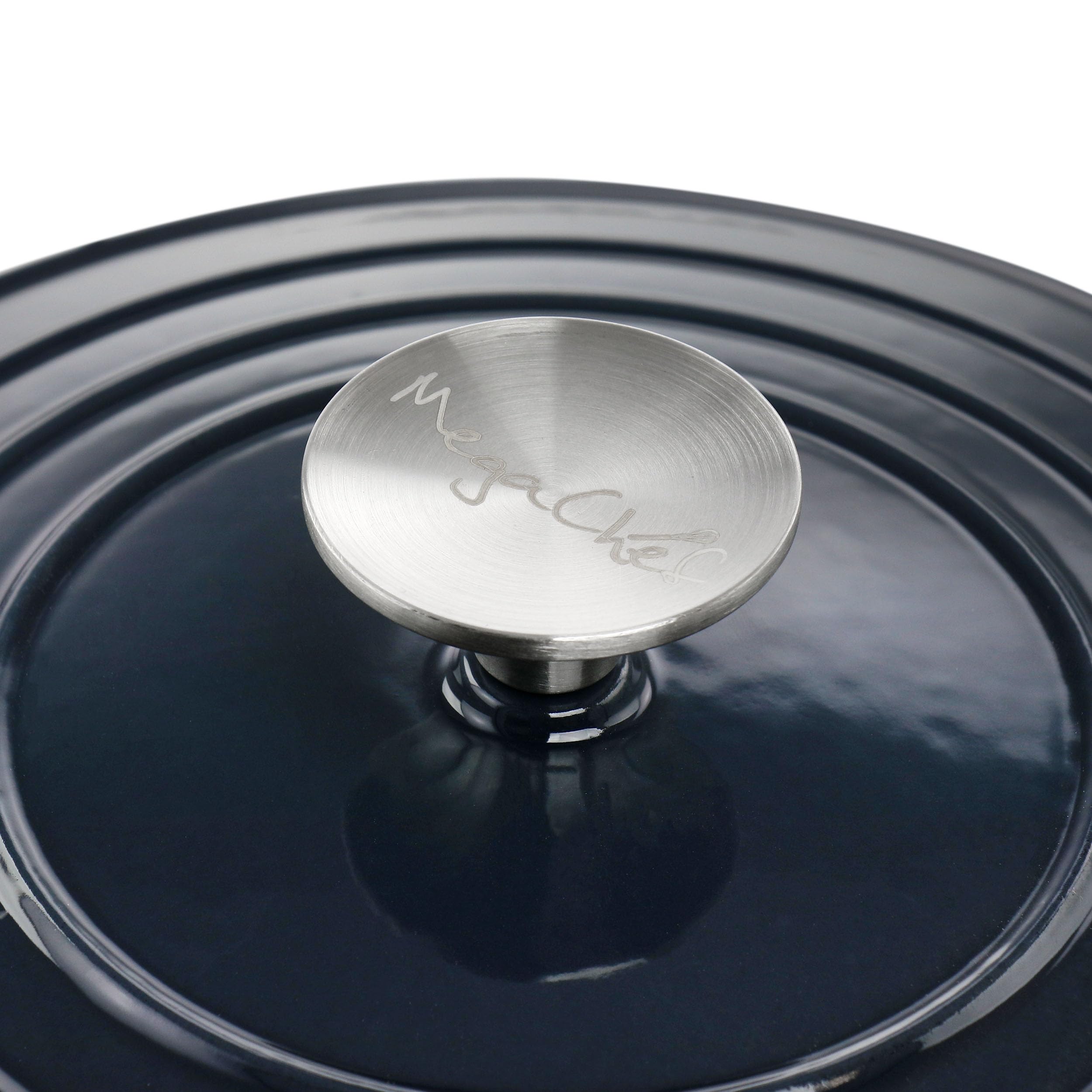 MegaChef 2 Quart Round Enameled Cast Iron Braiser Pan - Dark Blue, Model BRS22, Durable Cookware for Versatile Cooking