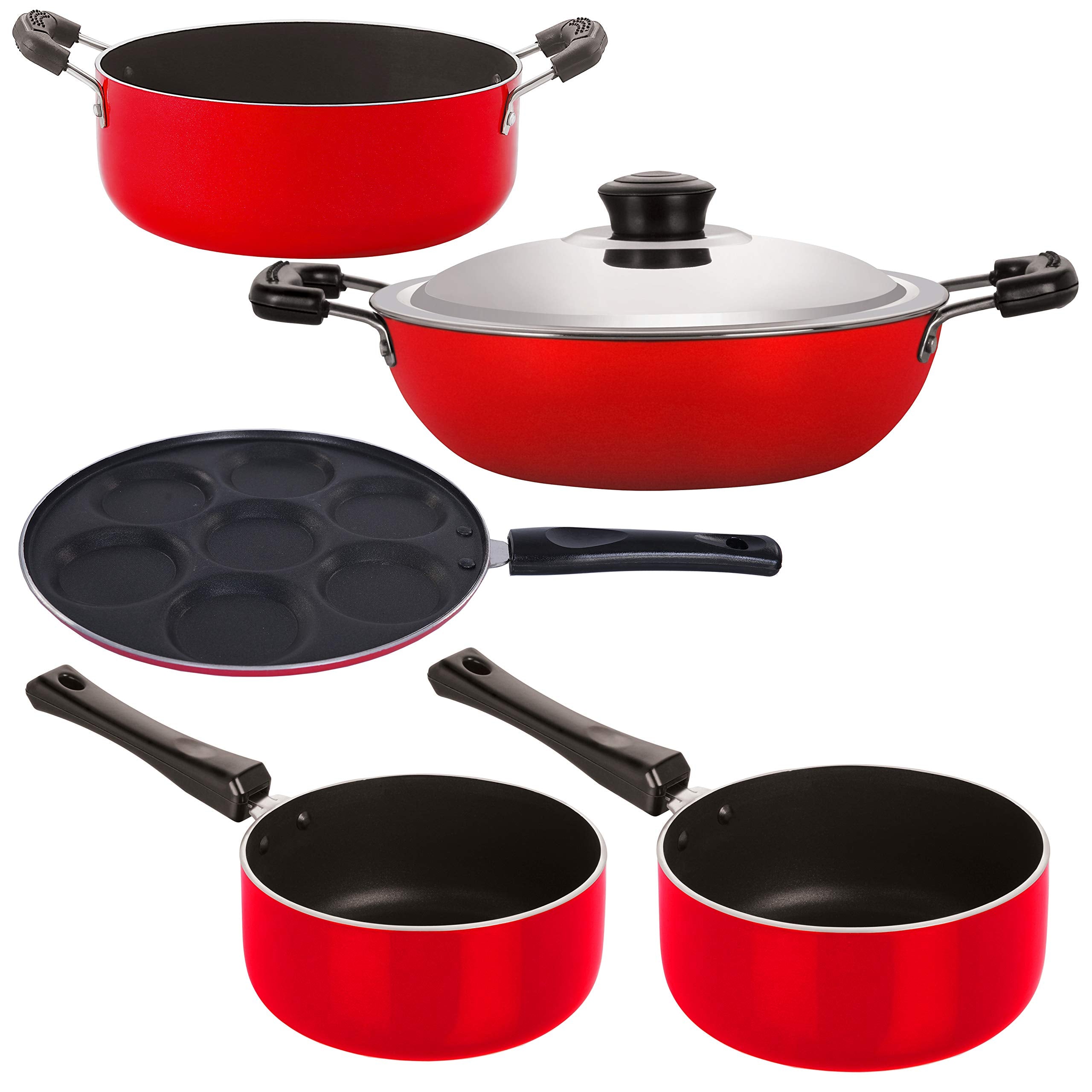 Nirlon NonStick Aluminium Cookware Set, 5Pieces, Red And Black (Dkdb_Spm_Spb_Up7_Cass20)