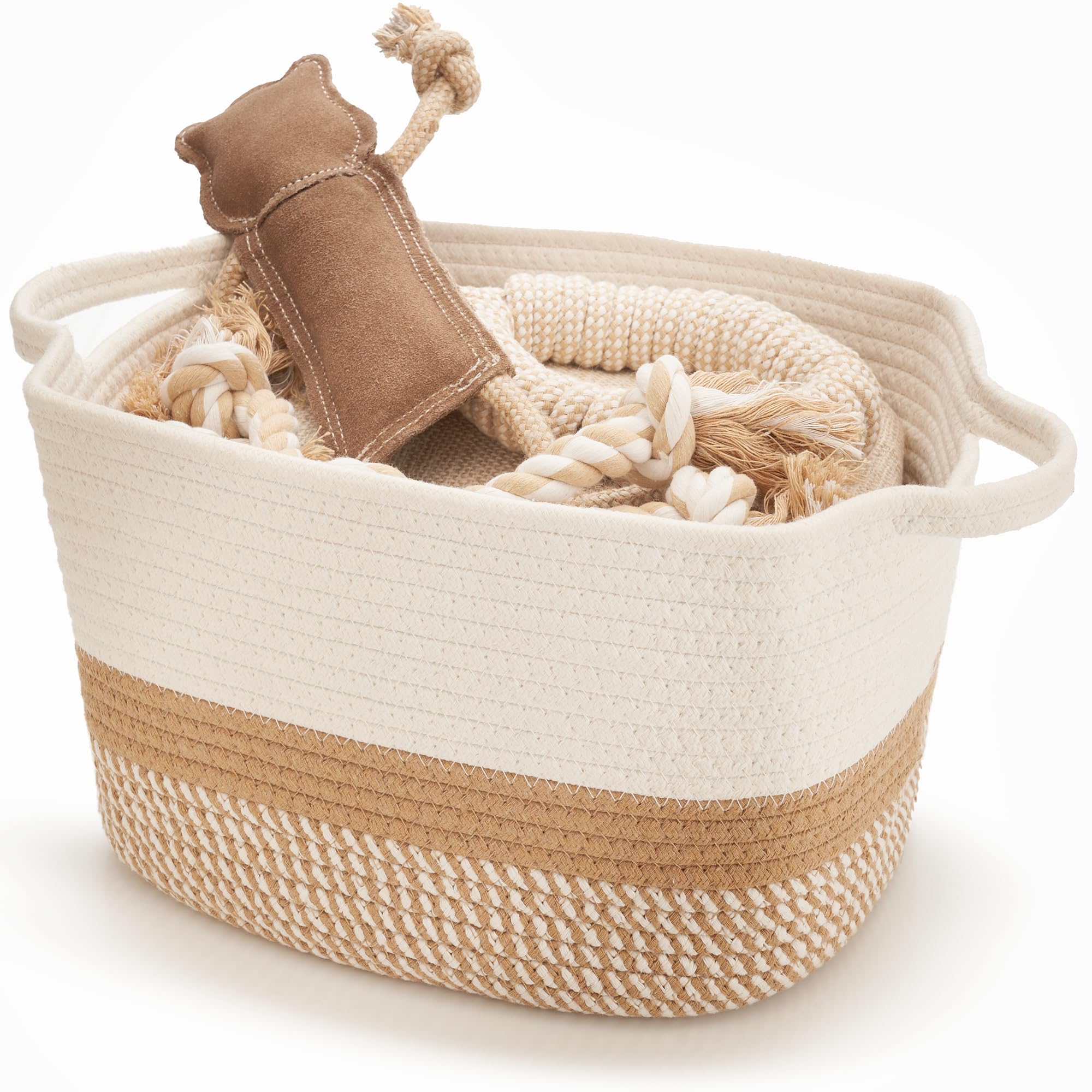 Stylish Cotton Rope Storage Basket For Dog Toys, Magazines or Books - The Perfect Woven Bin with Handles For Everyday Organizati