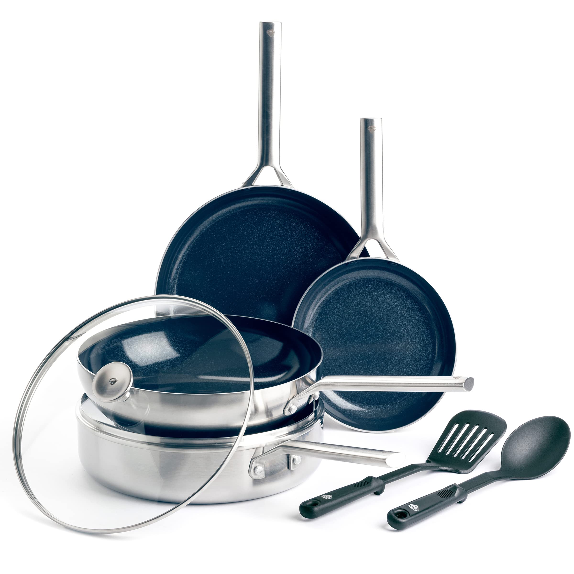 Blue Diamond Cookware Tri-Ply Stainless Steel Ceramic Nonstick, 7 Piece Cookware Pots and Pans Set, PFAS-Free, Multi Clad, Induc