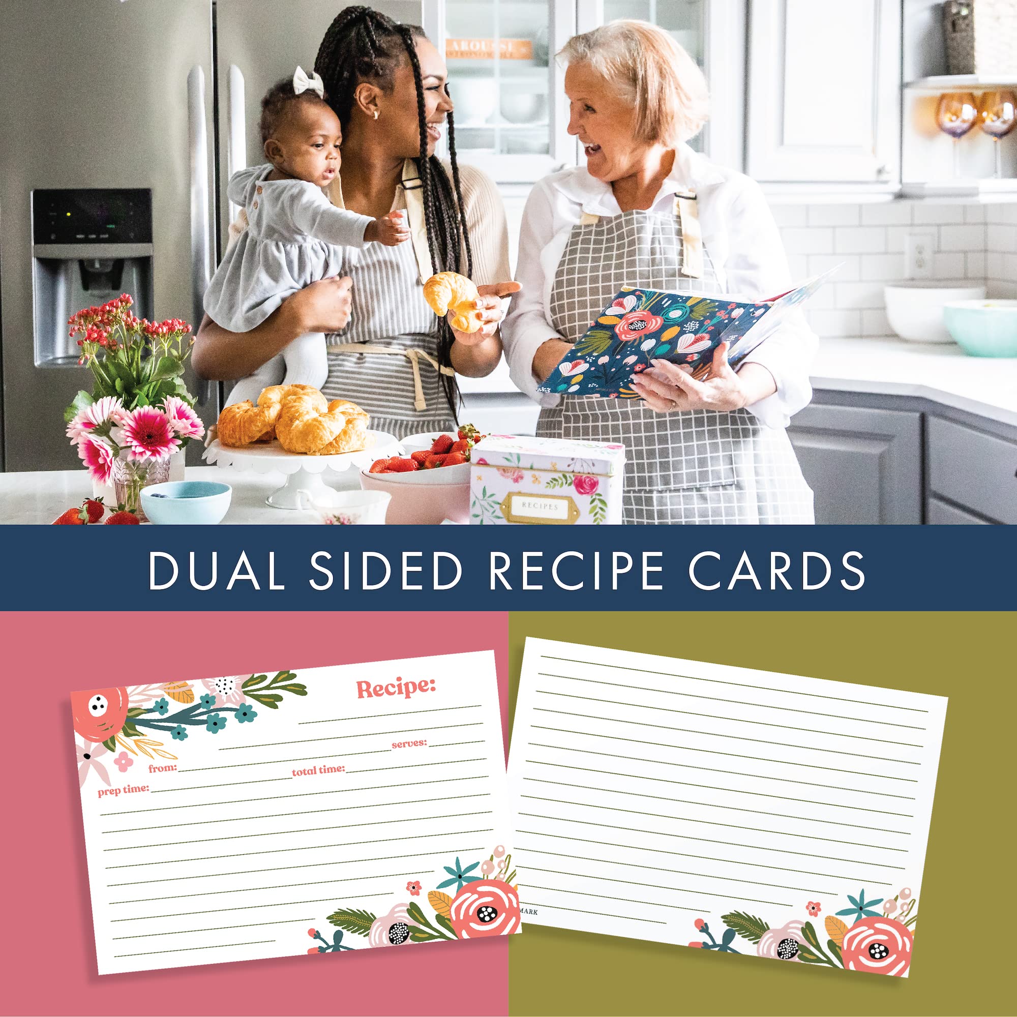 Jot & Mark 3 Ring Recipe Binder with 50 Recipe Cards, 25 Sheet Protectors, 8.5" x 9.5", Garden Floral Design