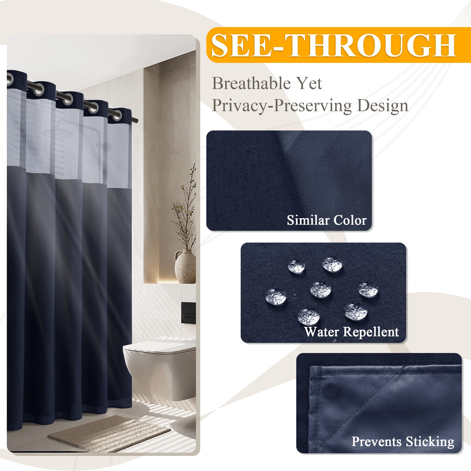 Jowels No Hook Linen Cloth Shower Curtain With Snap In Liner Fabric, Split Design Shower Curtain, Heavy Weight Fabric Navy Blue
